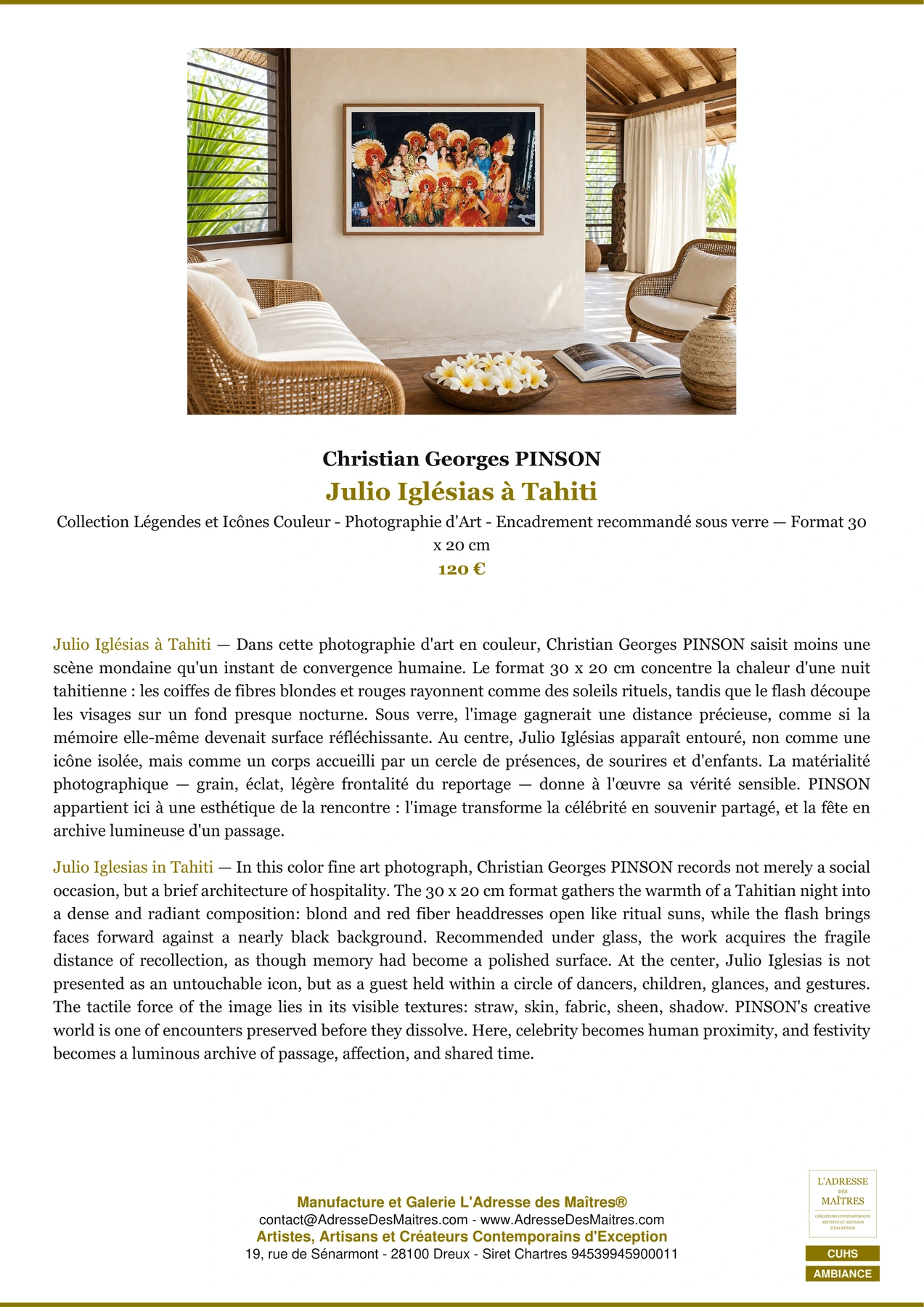 Fiche Premium Ambiance - Julio Iglésias à Tahiti - Christian Georges PINSON - L'Adresse des Maîtres®