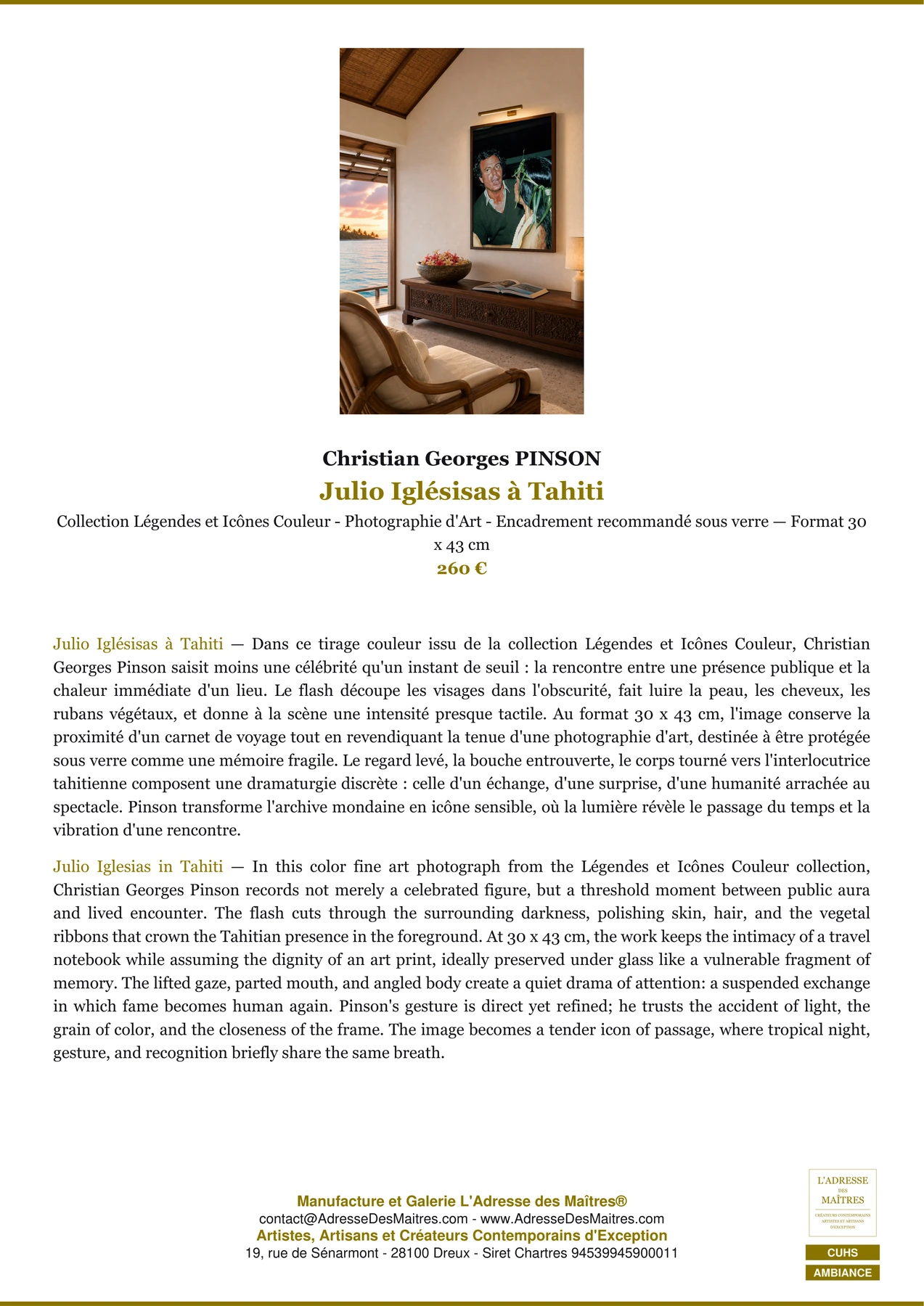 Fiche Premium Ambiance - Julio Iglésisas à Tahiti - Christian Georges PINSON - L'Adresse des Maîtres®