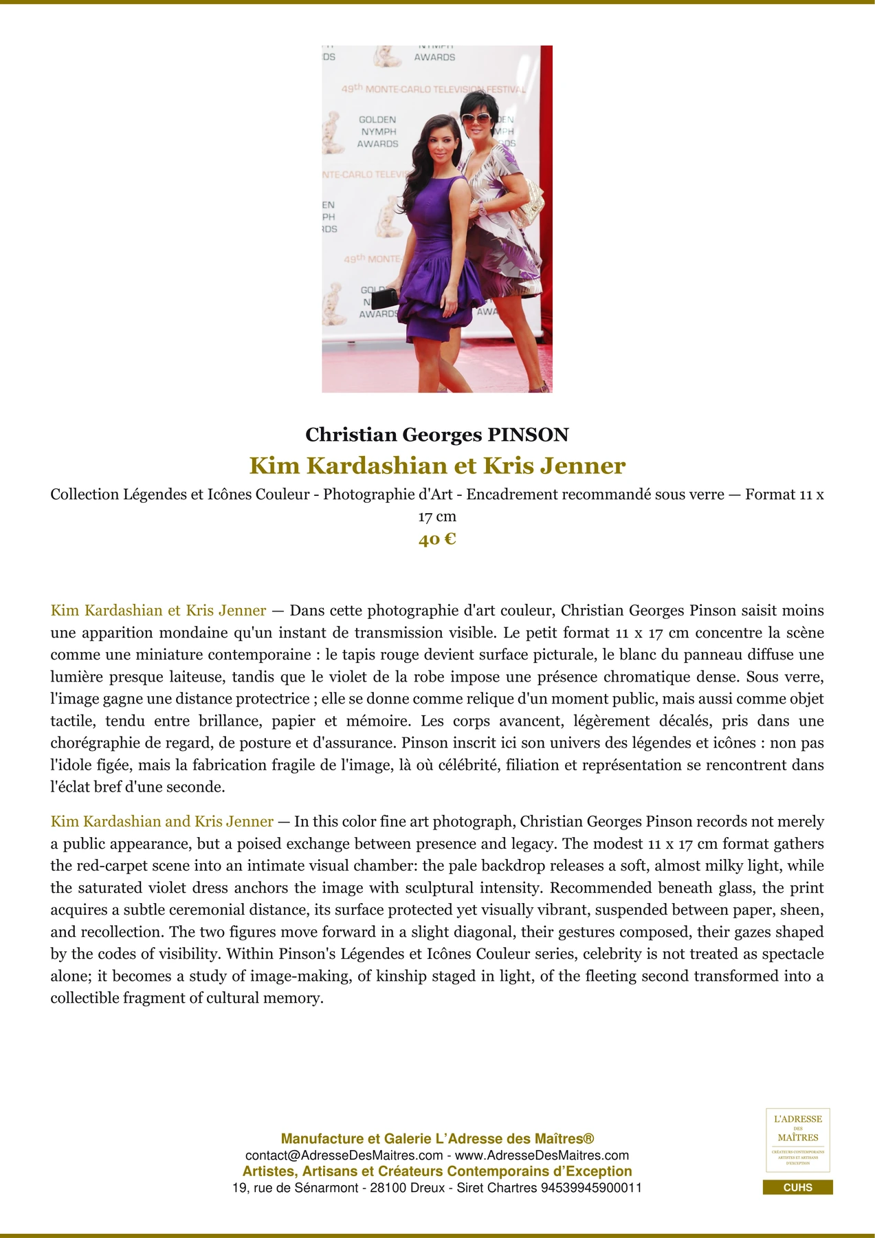 Fiche Premium Ambiance - Kim Kardashian et Kris Jenner - Christian Georges PINSON - L'Adresse des Maîtres®