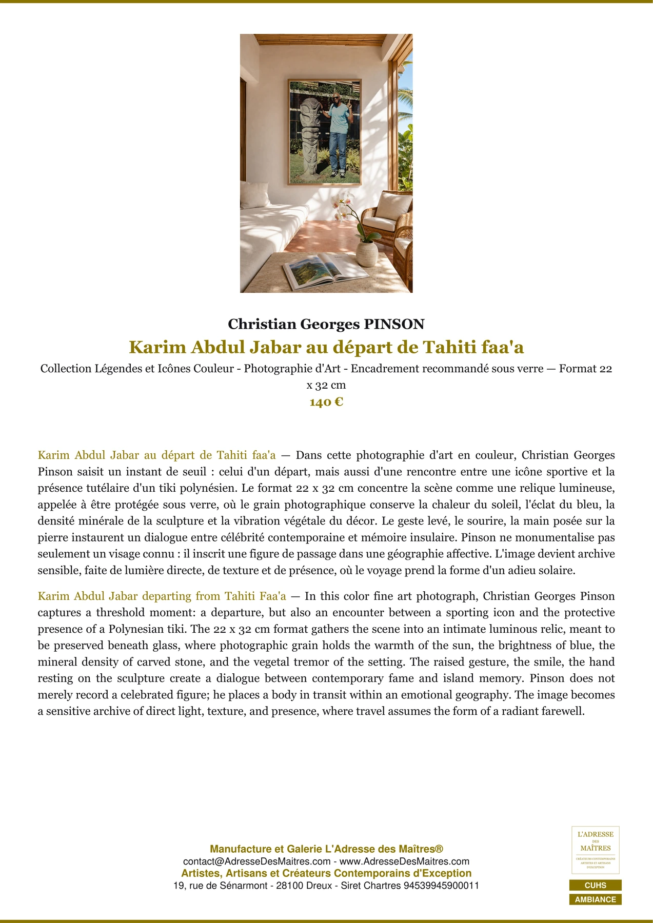 Fiche Premium Ambiance - Karim Abdul Jabar au départ de Tahiti faa'a - Christian Georges PINSON - L'Adresse des Maîtres®