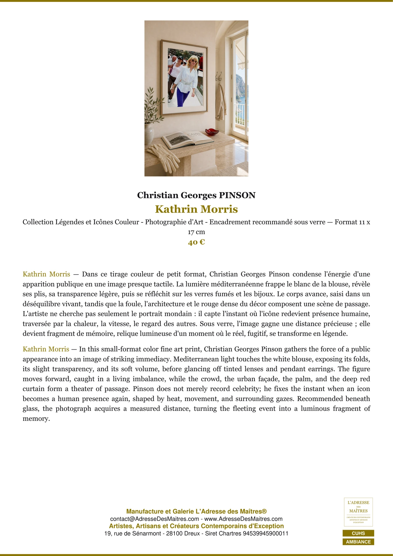 Fiche Premium Ambiance - Kathrin Morris - Christian Georges PINSON - L'Adresse des Maîtres®