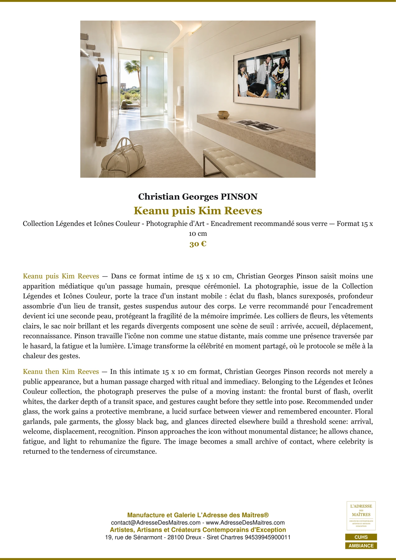 Fiche Premium Ambiance - Keanu puis Kim Reeves - Christian Georges PINSON - L'Adresse des Maîtres®