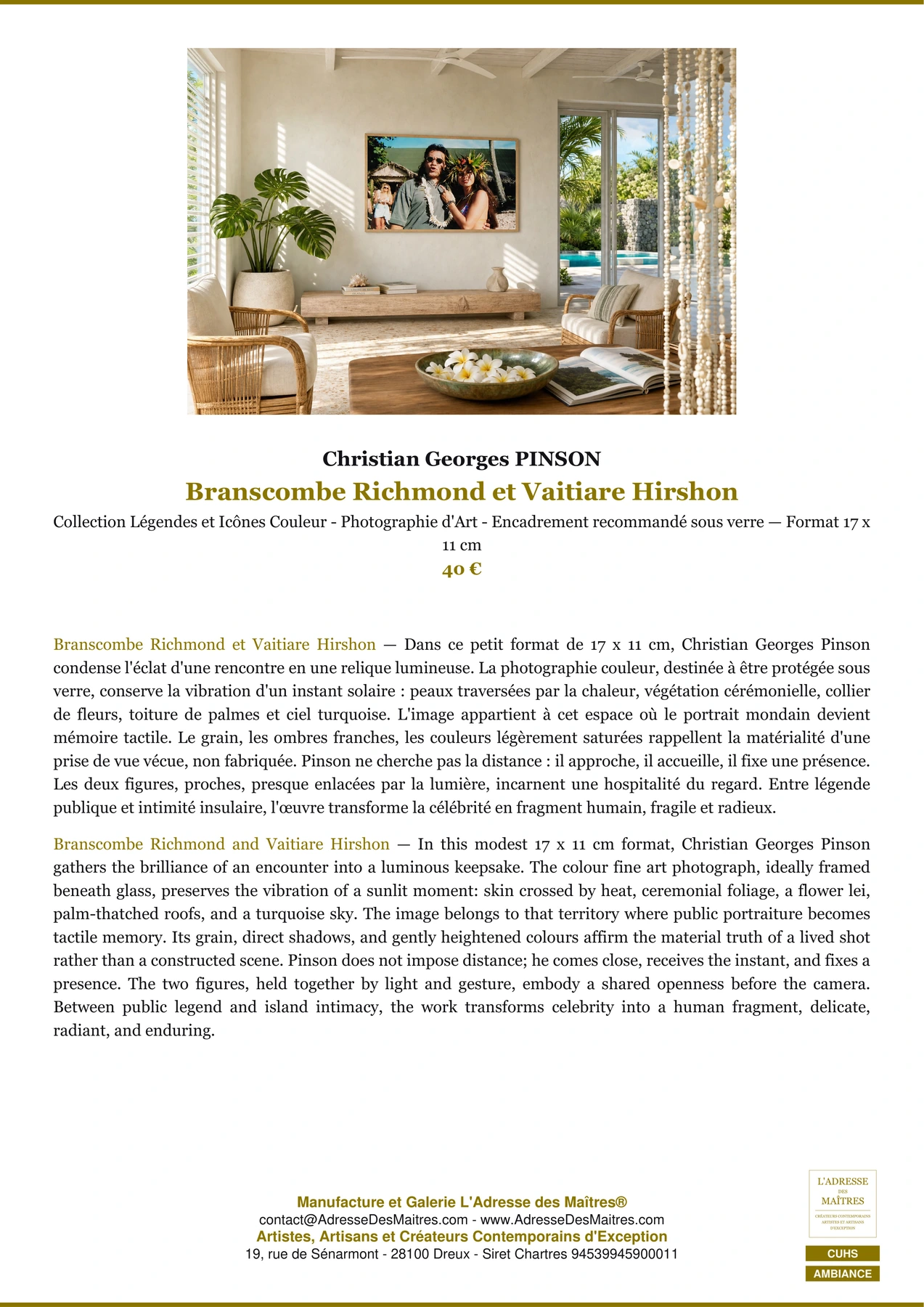 Fiche Premium Ambiance - Branscombe Richmond et Vaitiare Hirshon - Christian Georges PINSON - L'Adresse des Maîtres®