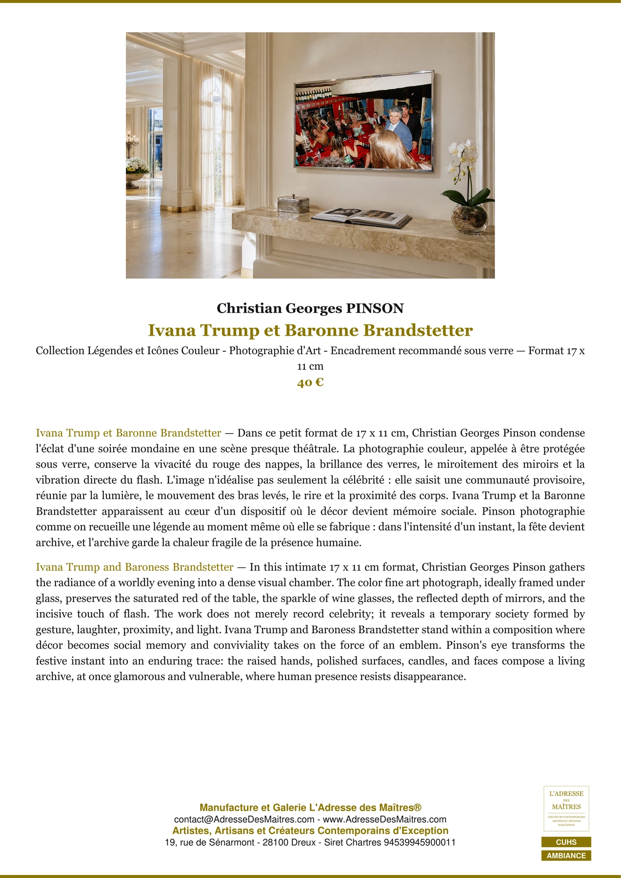 Fiche Premium Ambiance - Ivana Trump et Baronne Brandstetter - Christian Georges PINSON - L'Adresse des Maîtres®