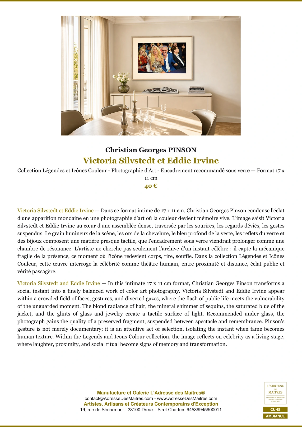 Fiche Premium Ambiance - Victoria Silvstedt et Eddie Irvine - Christian Georges PINSON - L'Adresse des Maîtres®