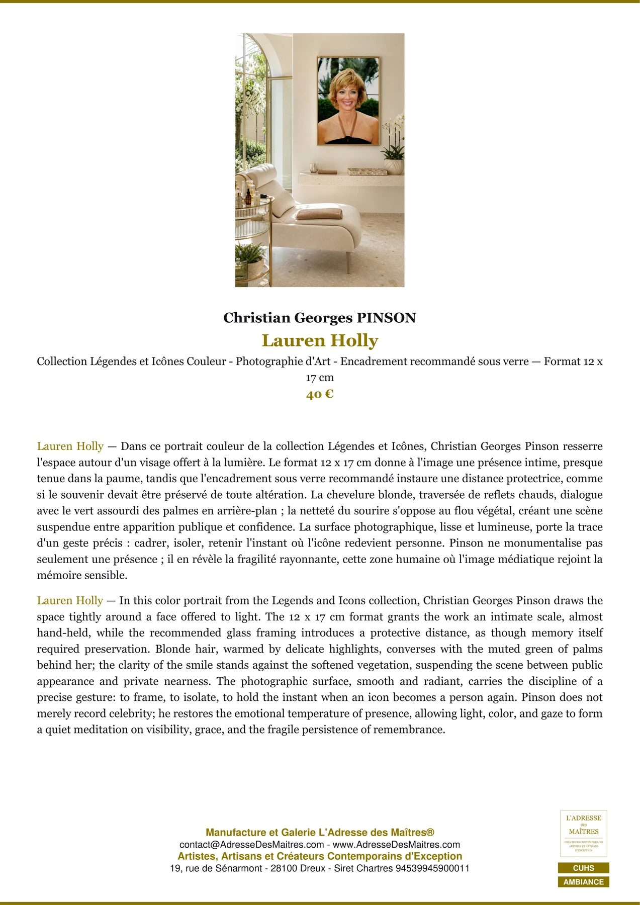 Fiche Premium Ambiance - Lauren Holly - Christian Georges PINSON - L'Adresse des Maîtres®