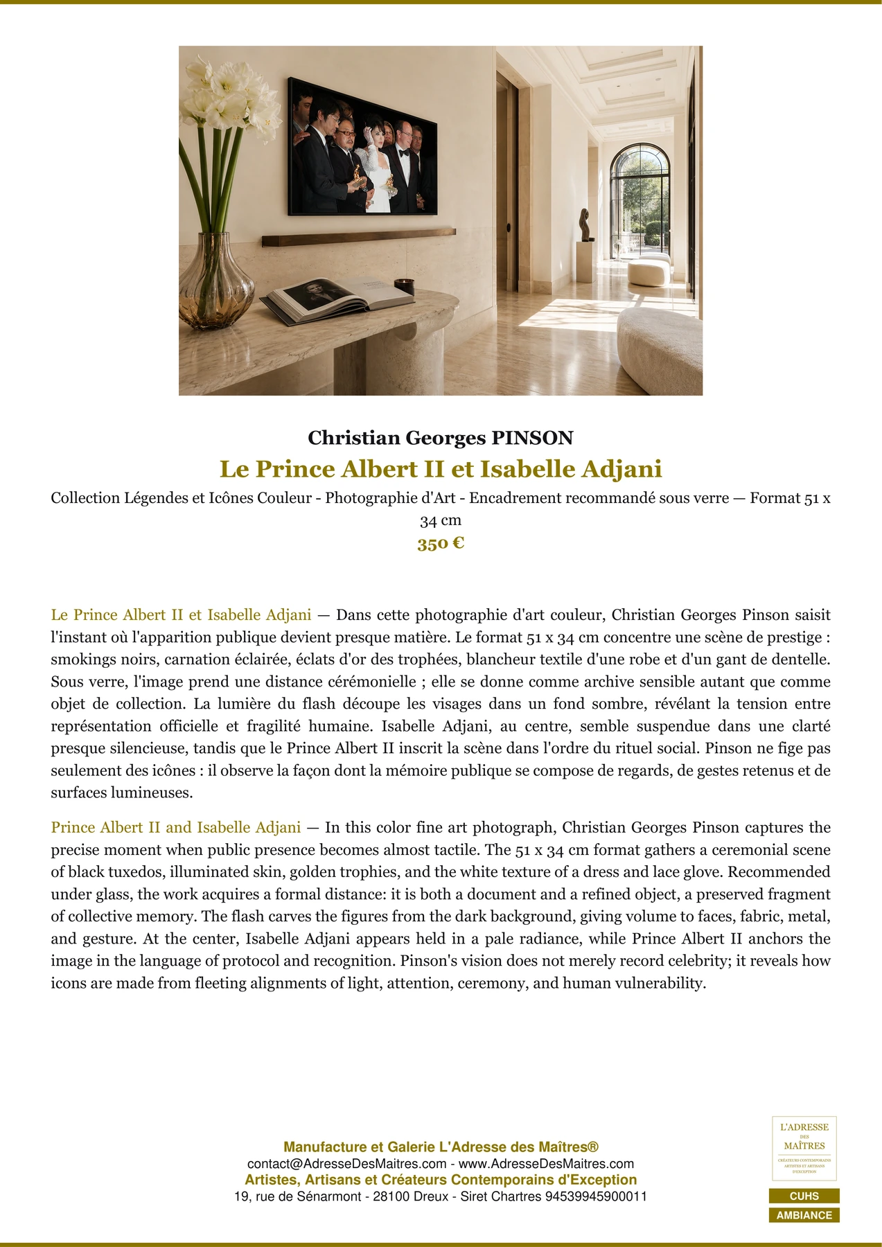 Fiche Premium Ambiance - Le Prince Albert II et Isabelle Adjani - Christian Georges PINSON - L'Adresse des Maîtres®