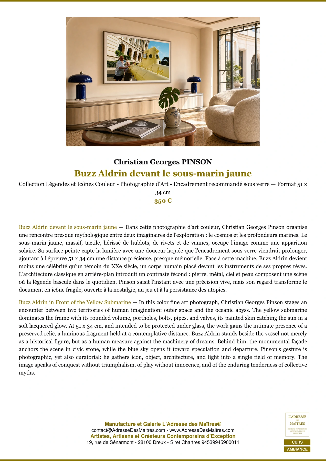 Fiche Premium Ambiance - Buzz Aldrin devant le sous-marin jaune - Christian Georges PINSON - L'Adresse des Maîtres®