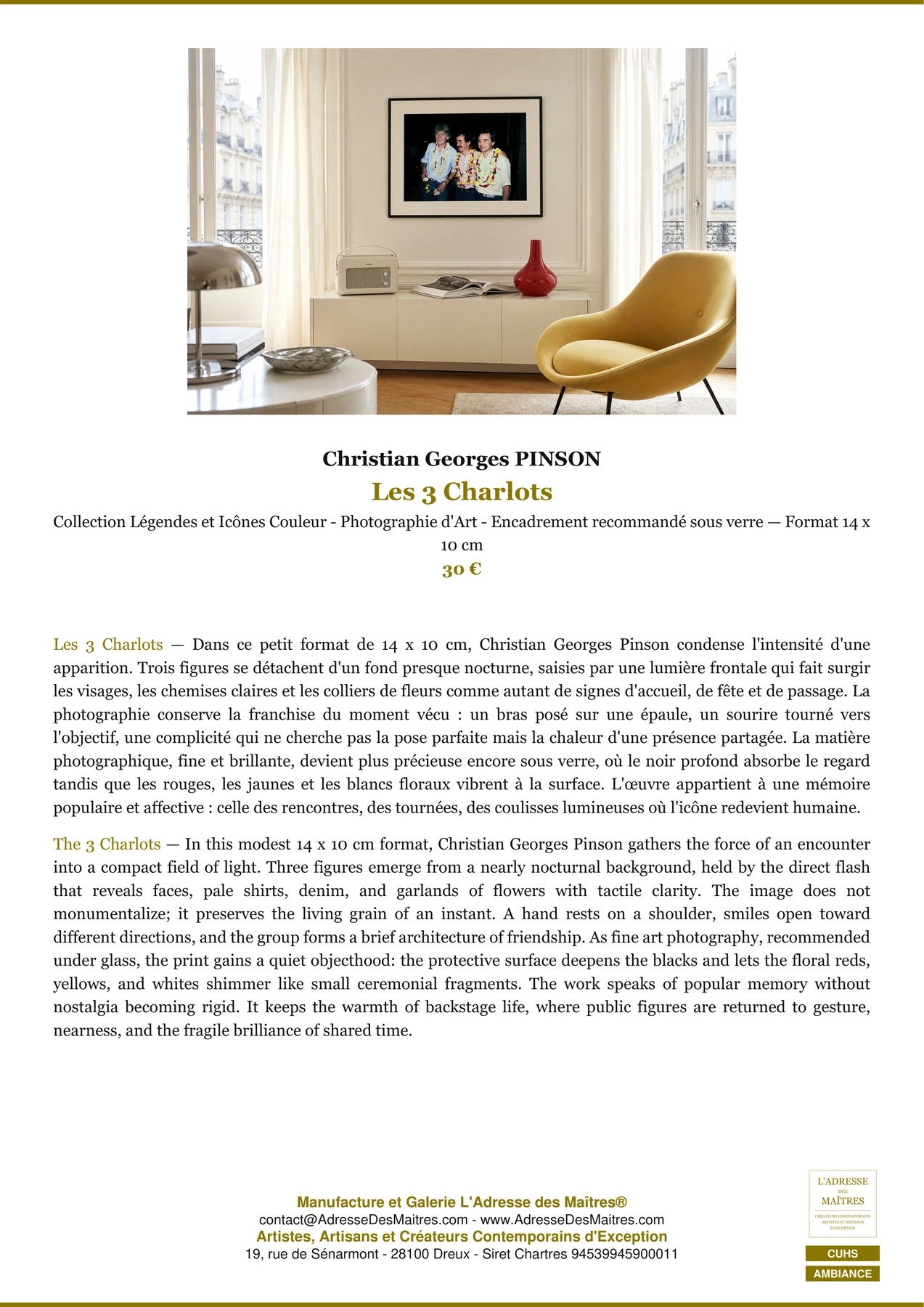 Fiche Premium Ambiance - Les 3 Charlots - Christian Georges PINSON - L'Adresse des Maîtres®