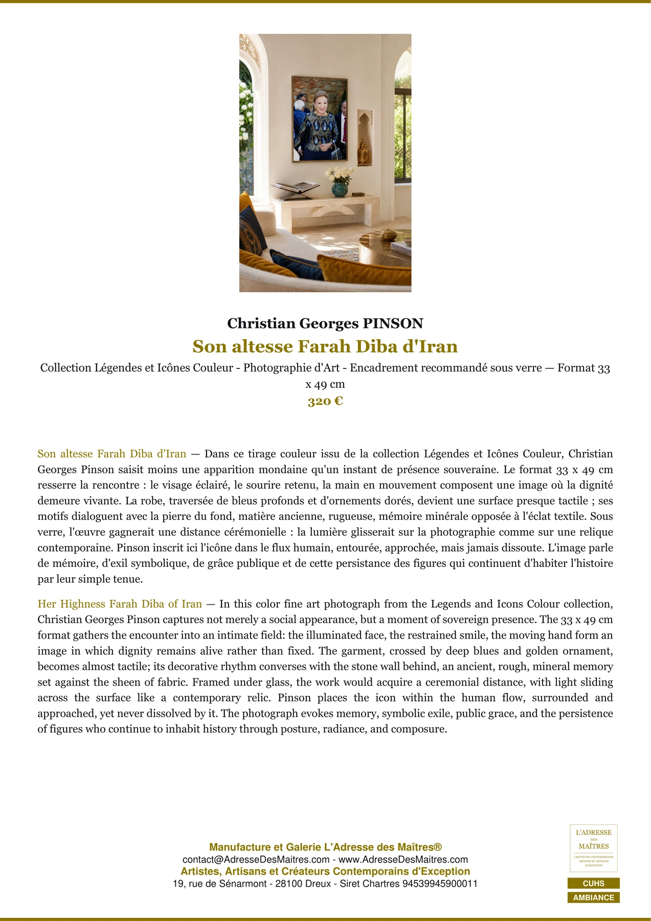 Fiche Premium Ambiance - Son altesse Farah Diba d'Iran - Christian Georges PINSON - L'Adresse des Maîtres®