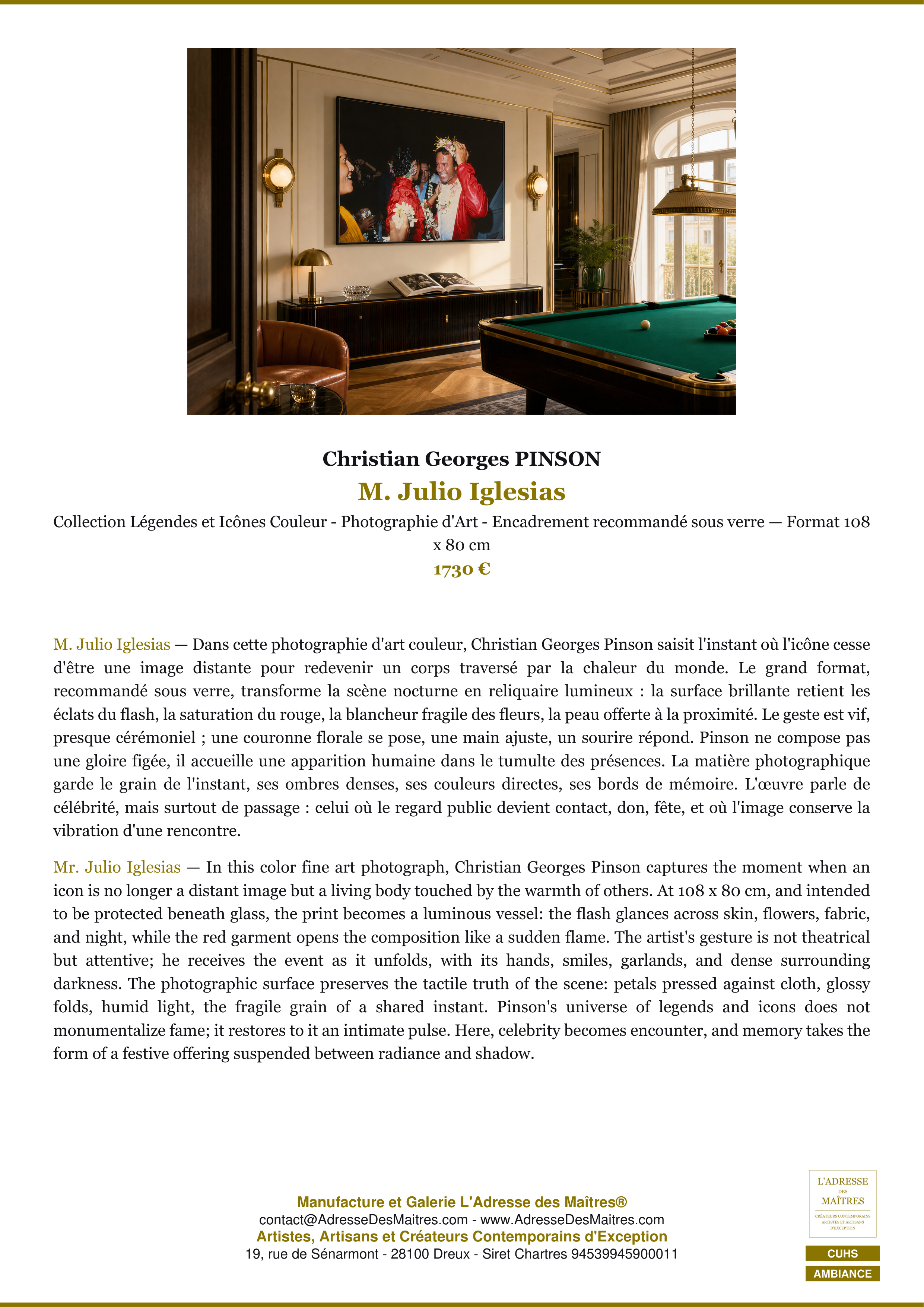 Fiche Premium Ambiance — M. Julio Iglesias — Christian Georges PINSON — L'Adresse des Maîtres®