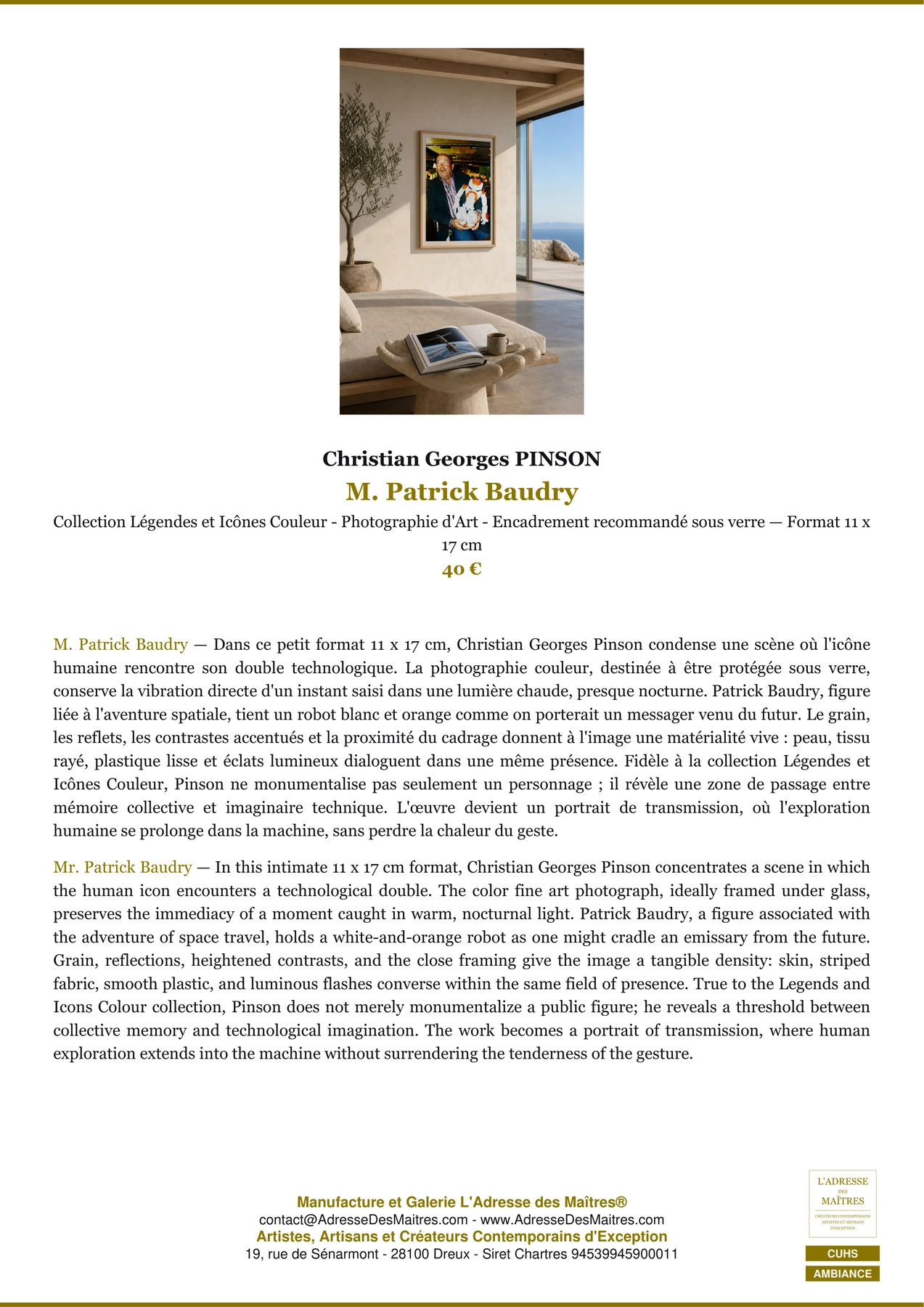 Fiche Premium Ambiance - M. Patrick Baudry - Christian Georges PINSON - L'Adresse des Maîtres®