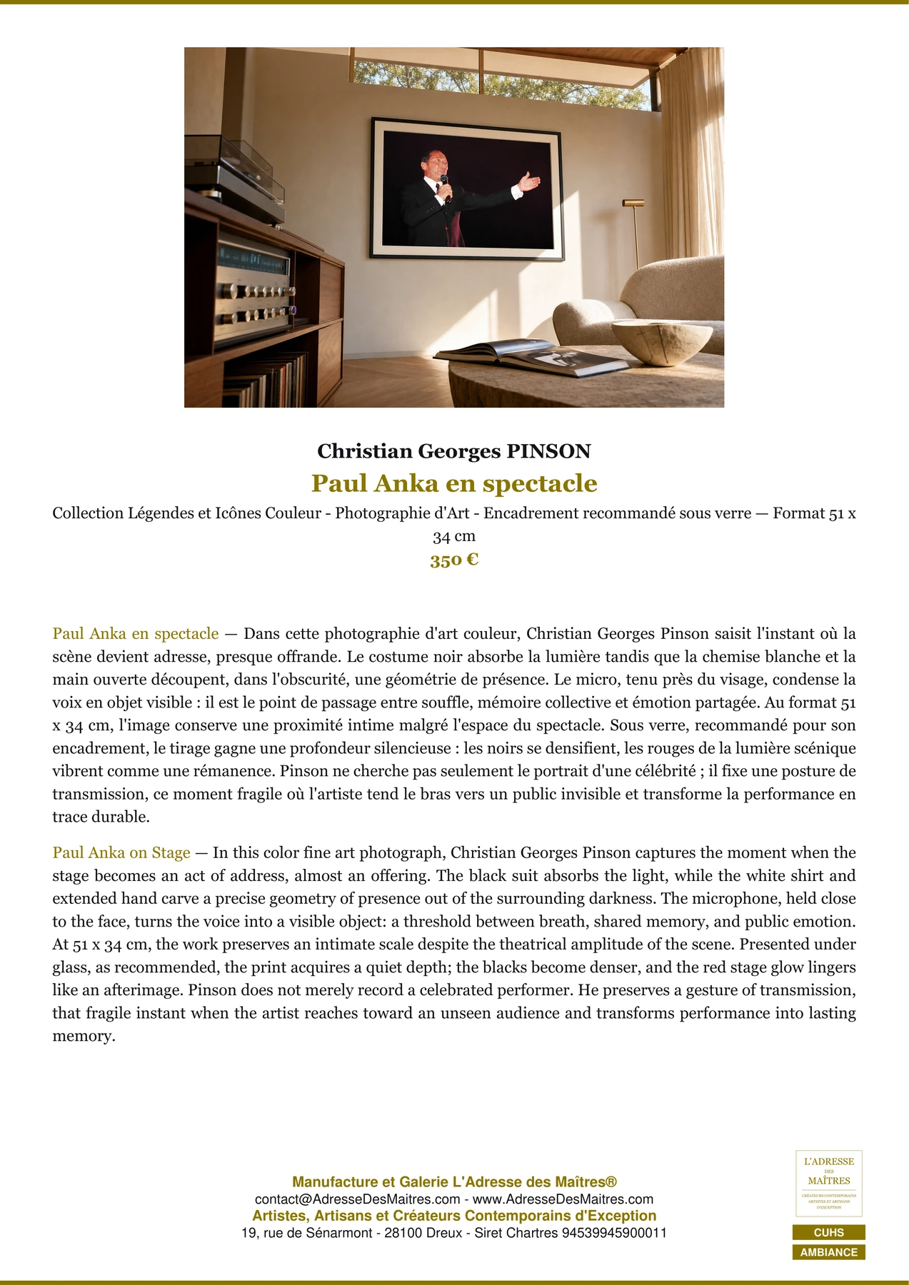 Fiche Premium Ambiance - Paul Anka en spectacle - Christian Georges PINSON - L'Adresse des Maîtres®