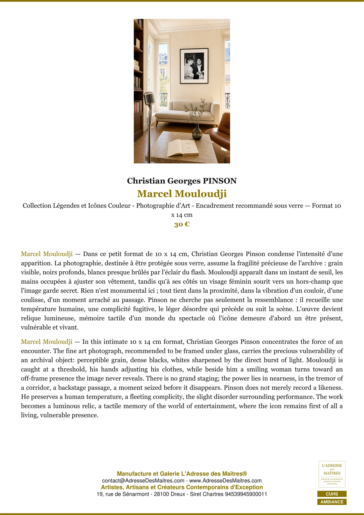 Fiche Premium Ambiance - Marcel Mouloudji - Christian Georges PINSON - L'Adresse des Maîtres®
