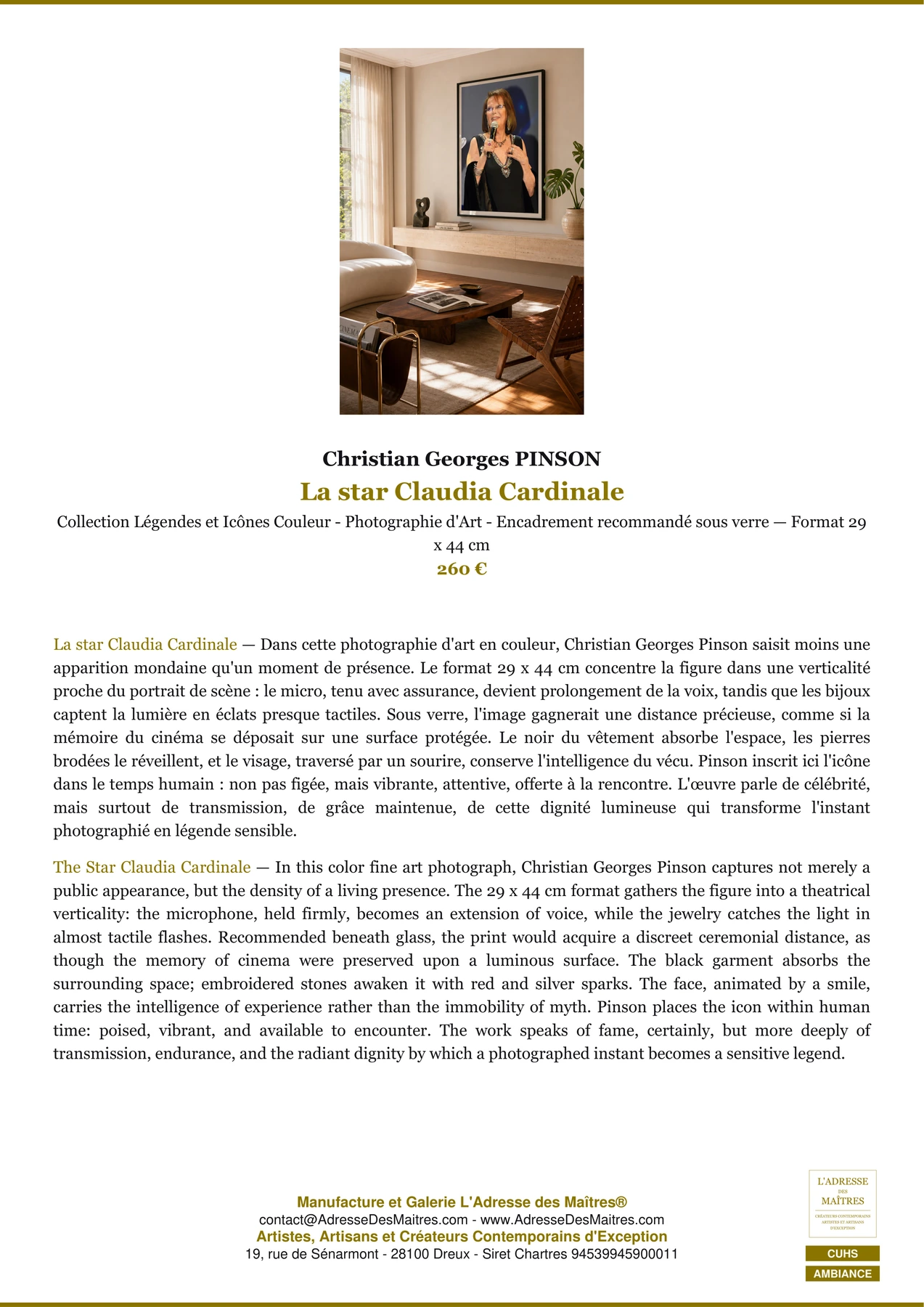 Fiche Premium Ambiance - La star Claudia Cardinale - Christian Georges PINSON - L'Adresse des Maîtres®