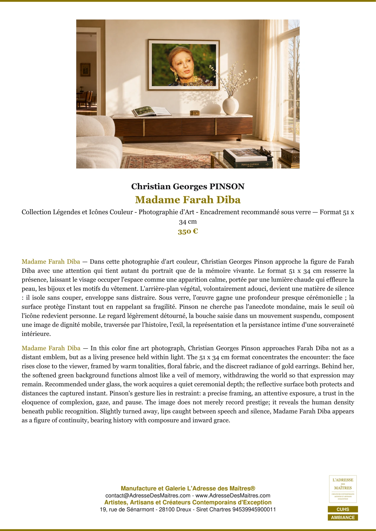 Fiche Premium Ambiance - Madame Farah Diba - Christian Georges PINSON - L'Adresse des Maîtres®