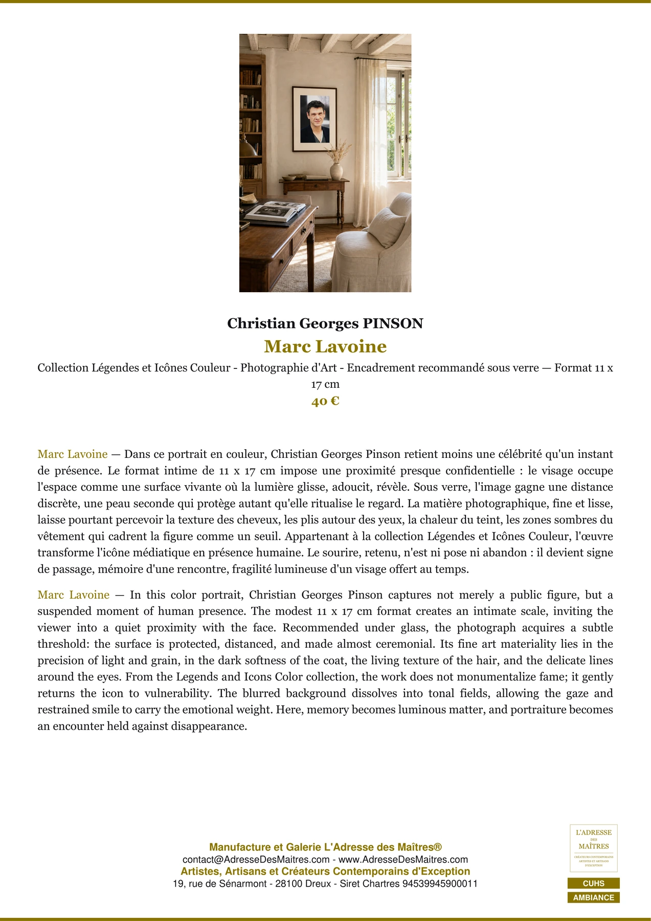 Fiche Premium Ambiance - Marc Lavoine - Christian Georges PINSON - L'Adresse des Maîtres®