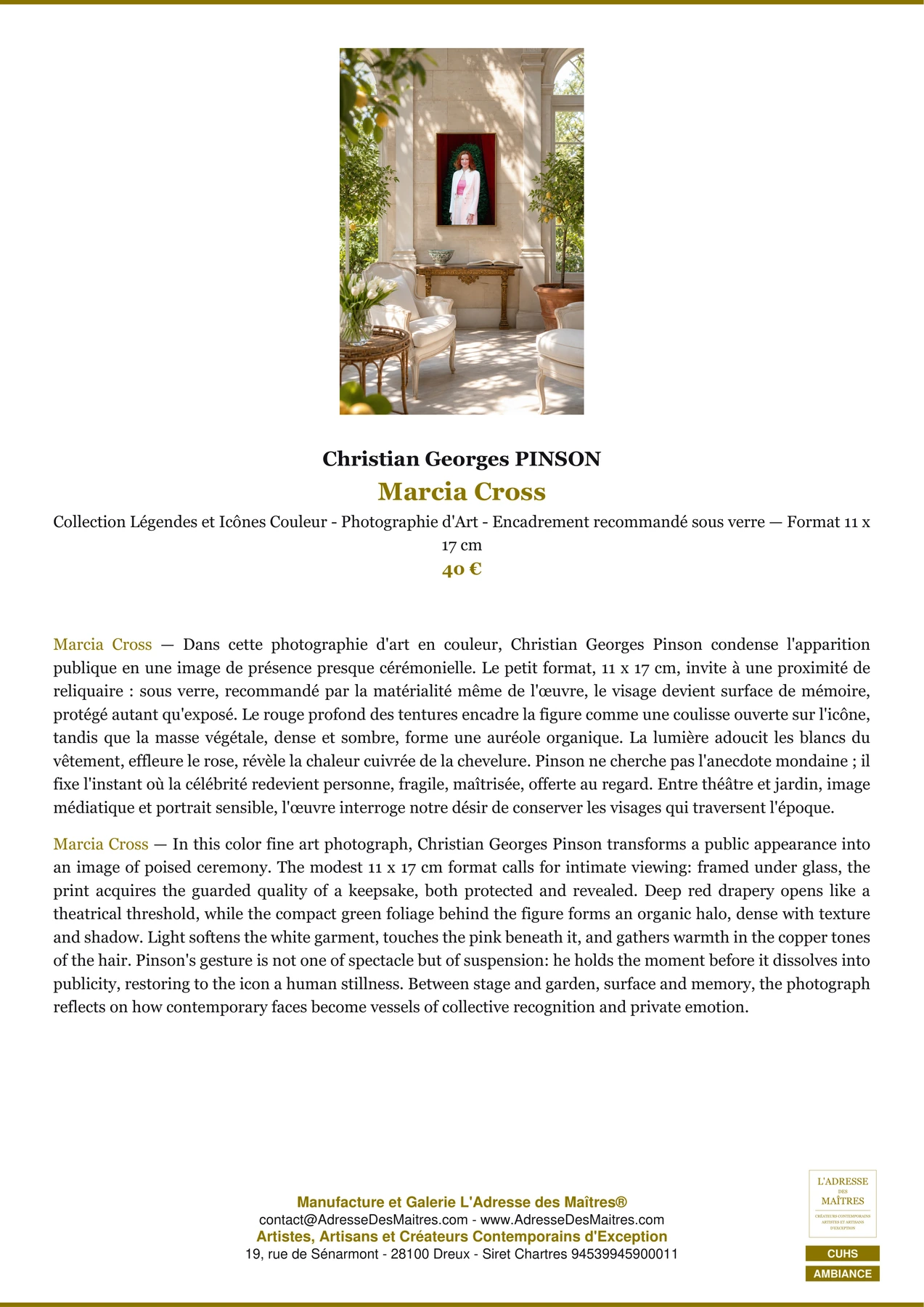 Fiche Premium Ambiance - Marcia Cross - Christian Georges PINSON - L'Adresse des Maîtres®