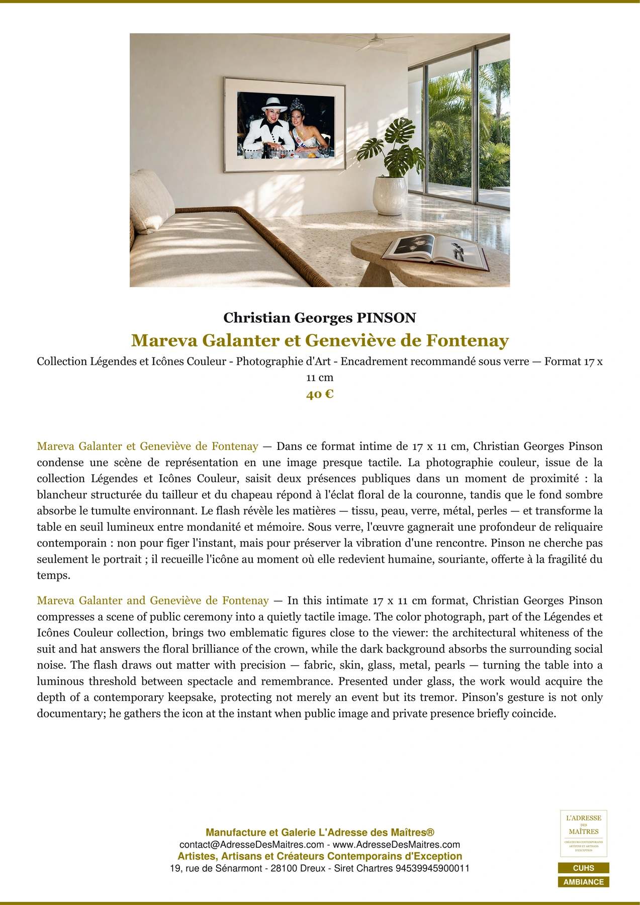Fiche Premium Ambiance - Mareva Galanter et Geneviève de Fontenay - Christian Georges PINSON - L'Adresse des Maîtres®