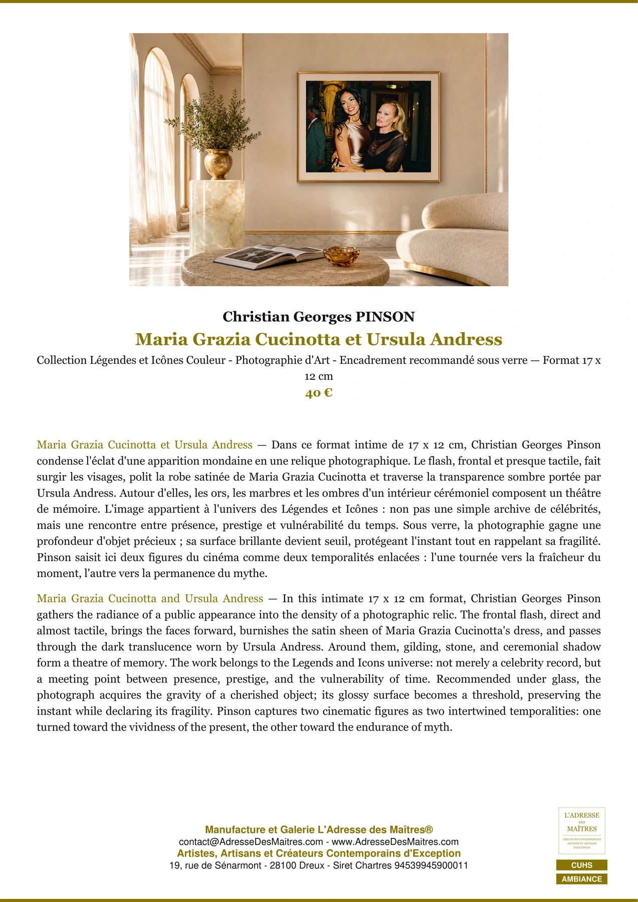 Fiche Premium Ambiance - Maria Grazia Cucinotta et Ursula Andress - Christian Georges PINSON - L'Adresse des Maîtres®