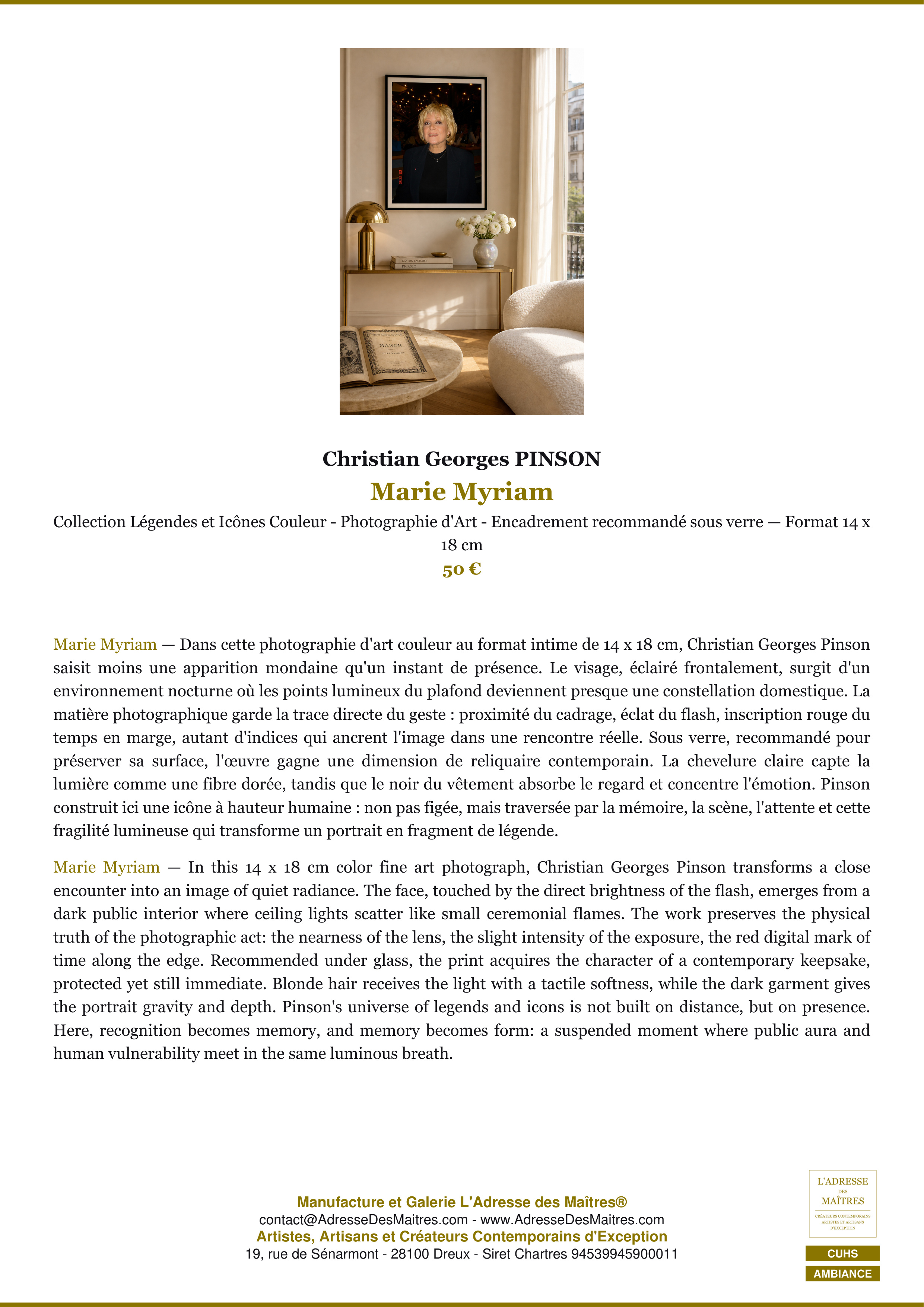 Fiche Premium Ambiance — Marie Myriam — Christian Georges PINSON — L'Adresse des Maîtres®