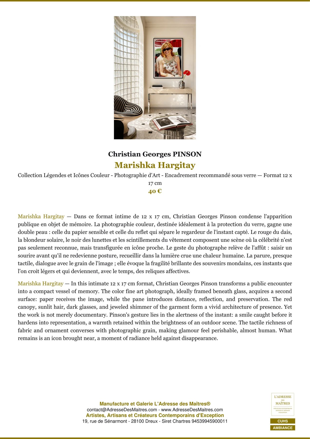 Fiche Premium Ambiance - Marishka Hargitay - Christian Georges PINSON - L'Adresse des Maîtres®
