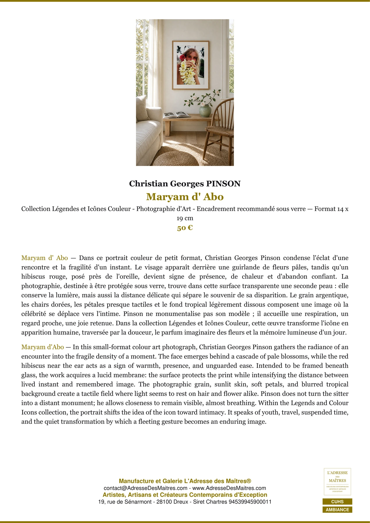 Fiche Premium Ambiance - Maryam d' Abo - Christian Georges PINSON - L'Adresse des Maîtres®