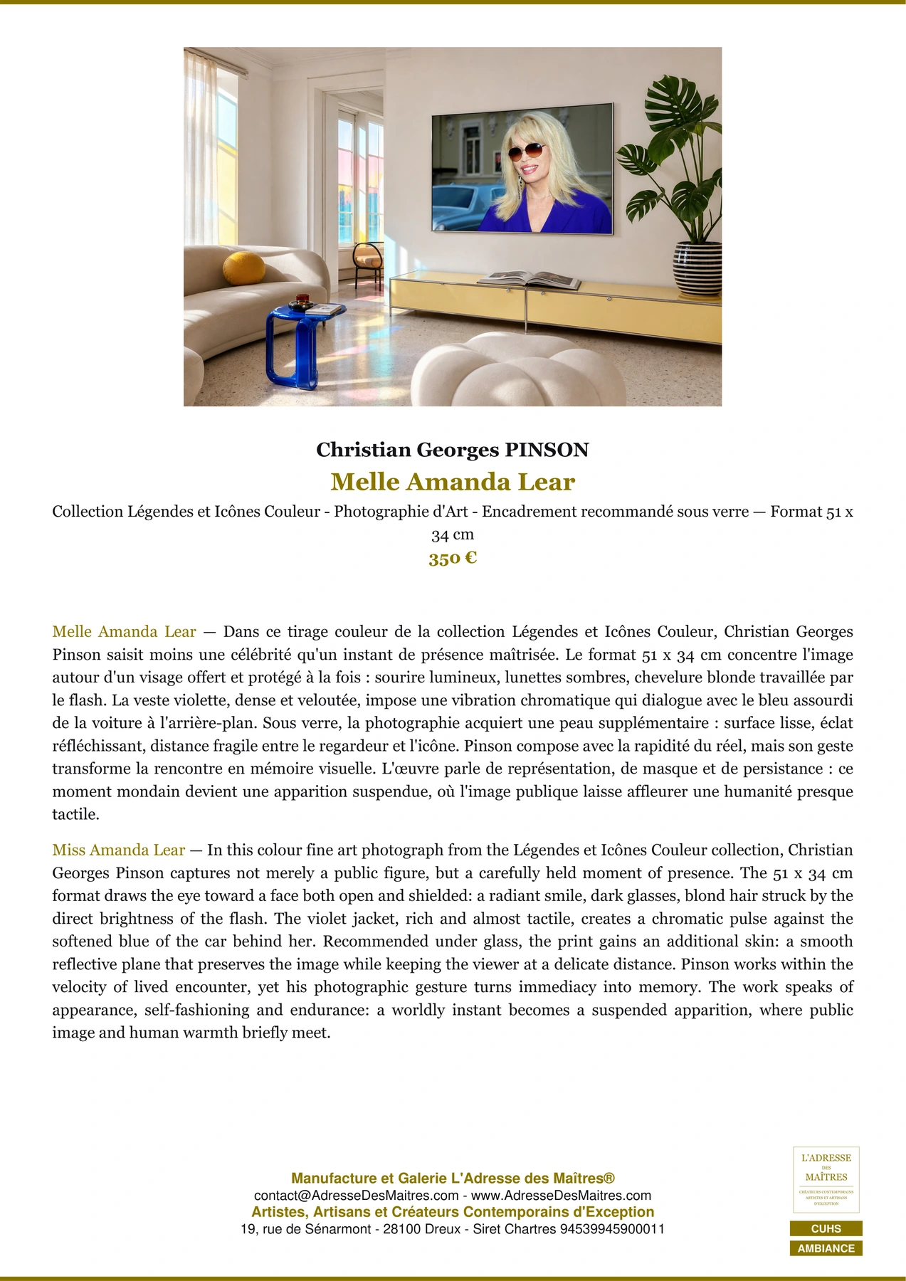Fiche Premium Ambiance - Melle Amanda Lear - Christian Georges PINSON - L'Adresse des Maîtres®