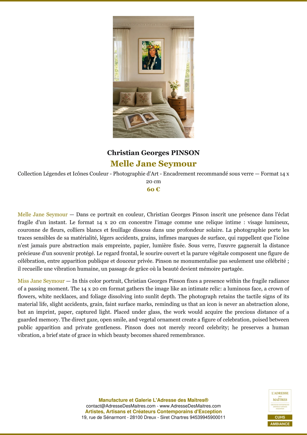 Fiche Premium Ambiance - Melle Jane Seymour - Christian Georges PINSON - L'Adresse des Maîtres®