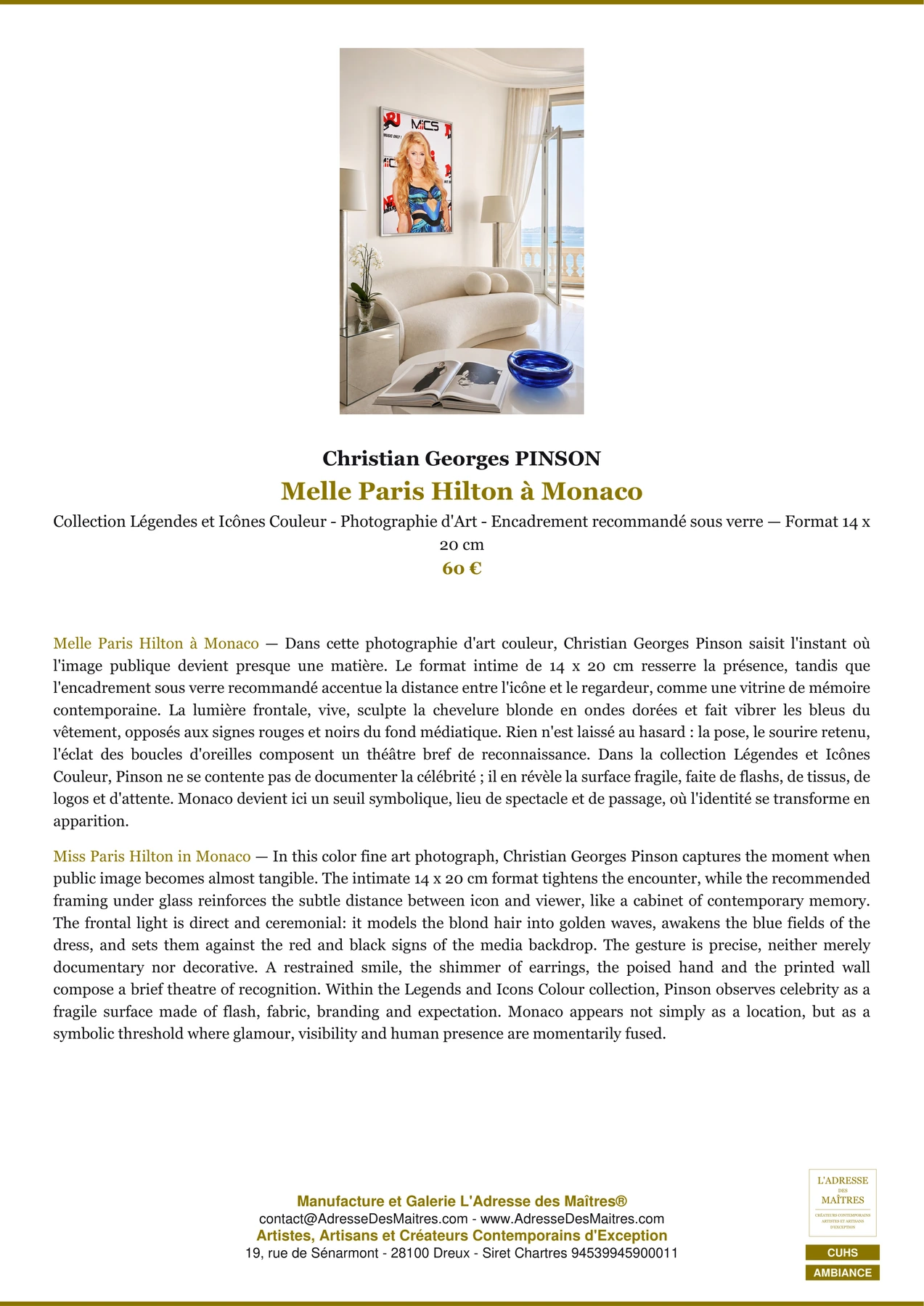 Fiche Premium Ambiance - Melle Paris Hilton à Monaco - Christian Georges PINSON - L'Adresse des Maîtres®
