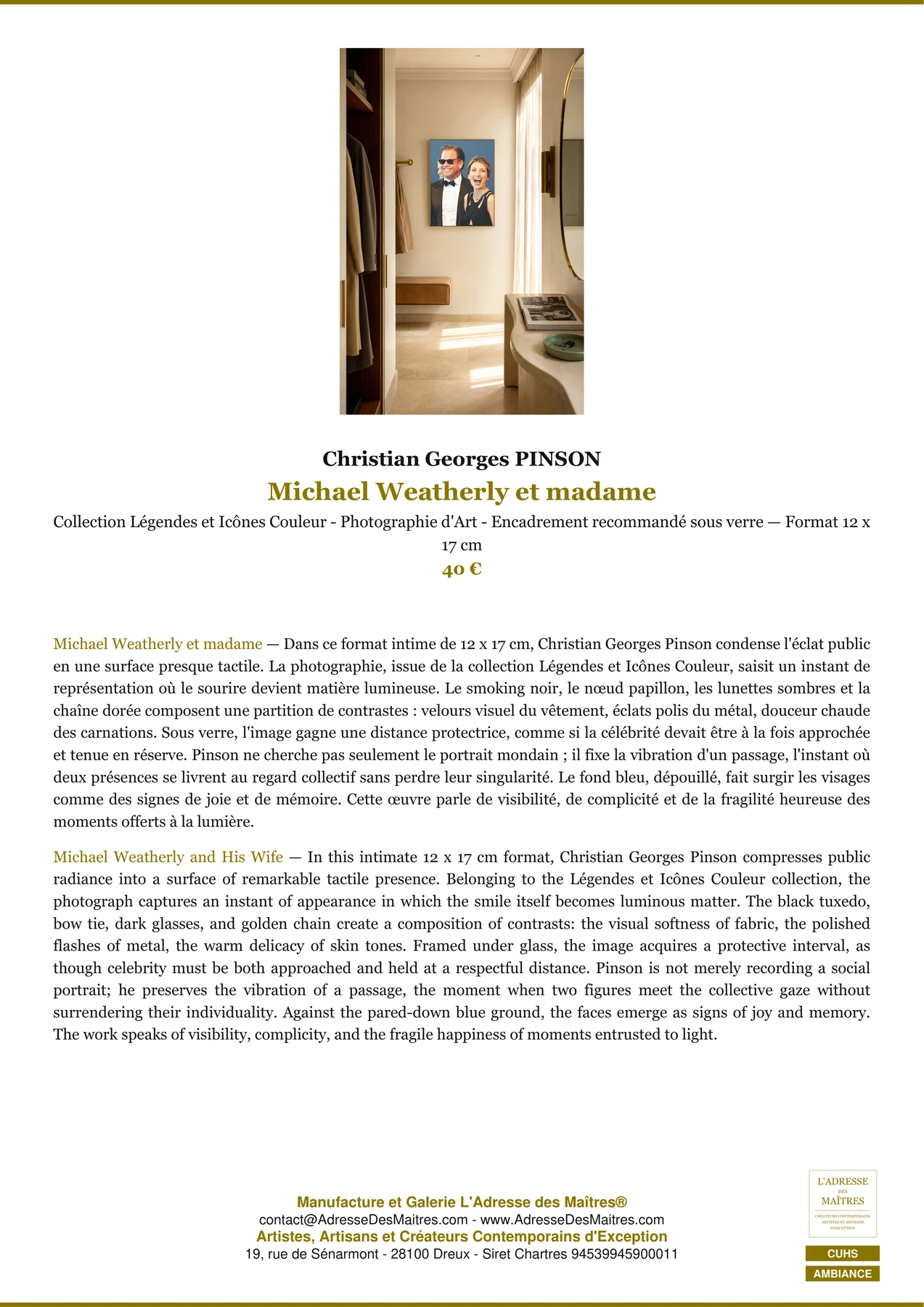Fiche Premium Ambiance - Michael Weatherly et madame - Christian Georges PINSON - L'Adresse des Maîtres®