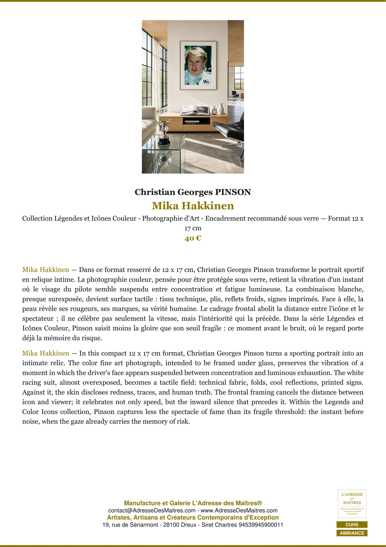 Fiche Premium Ambiance - Mika Hakkinen - Christian Georges PINSON - L'Adresse des Maîtres®