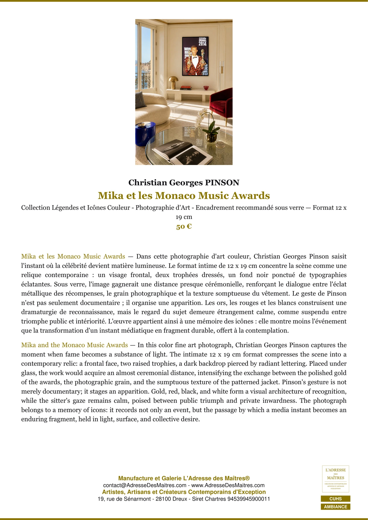 Fiche Premium Ambiance - Mika et les Monaco Music Awards - Christian Georges PINSON - L'Adresse des Maîtres®