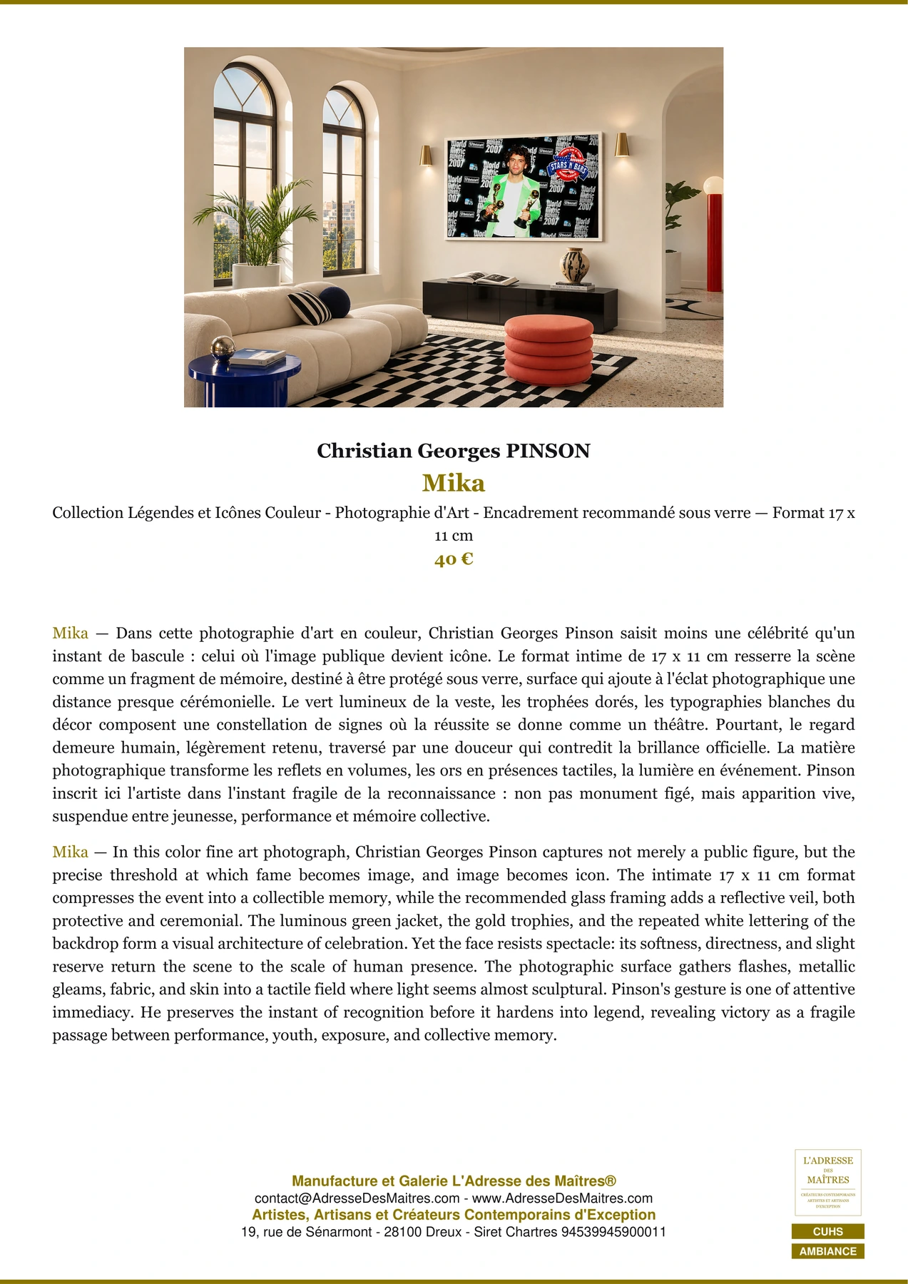 Fiche Premium Ambiance - Mika - Christian Georges PINSON - L'Adresse des Maîtres®