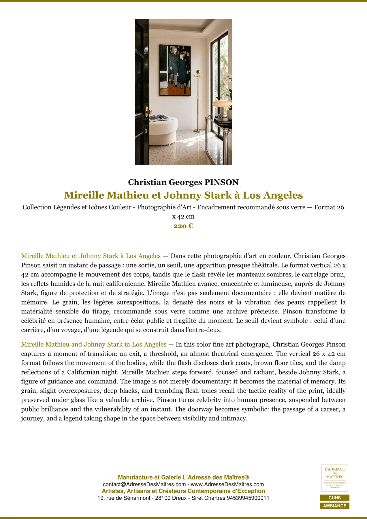 Fiche Premium Ambiance - Mireille Mathieu et Johnny Stark à Los Angeles - Christian Georges PINSON - L'Adresse des Maîtres®