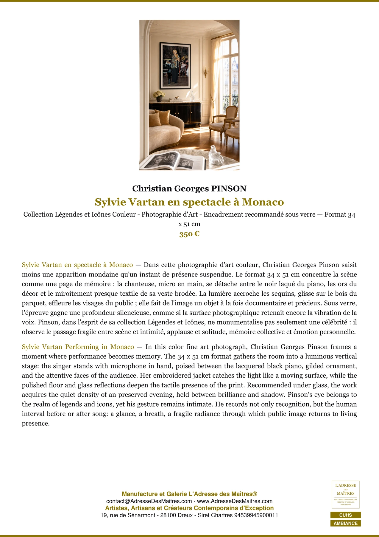 Fiche Premium Ambiance - Sylvie Vartan en spectacle à Monaco - Christian Georges PINSON - L'Adresse des Maîtres®