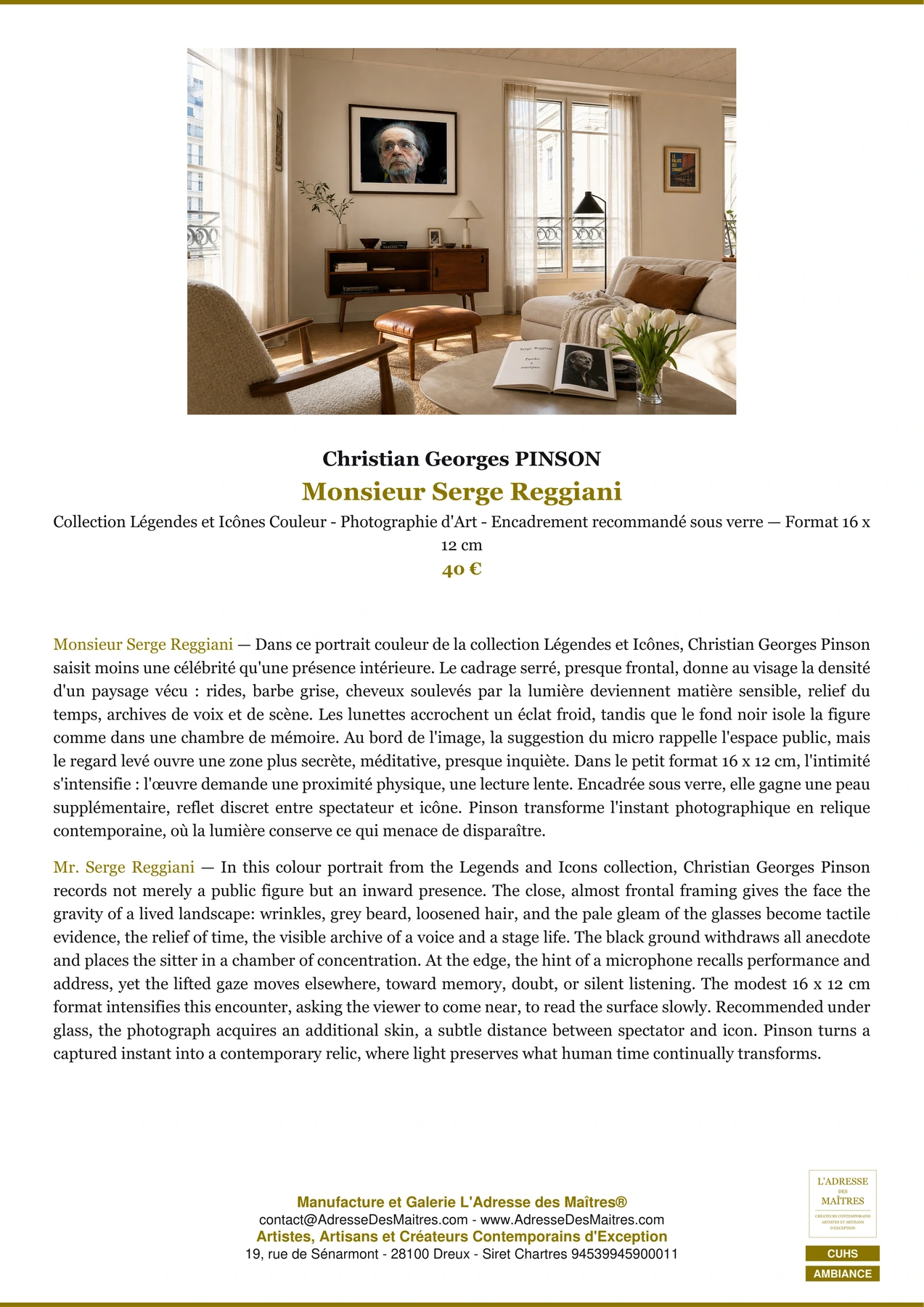 Fiche Premium Ambiance - Monsieur Serge Reggiani - Christian Georges PINSON - L'Adresse des Maîtres®