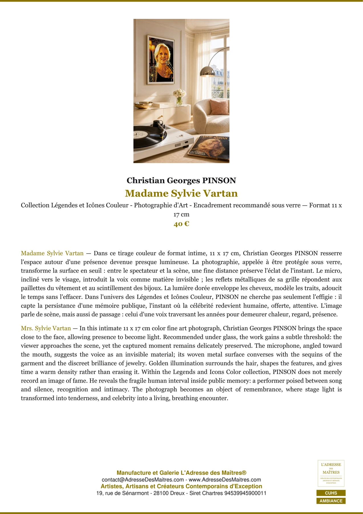 Fiche Premium Ambiance - Madame Sylvie Vartan - Christian Georges PINSON - L'Adresse des Maîtres®