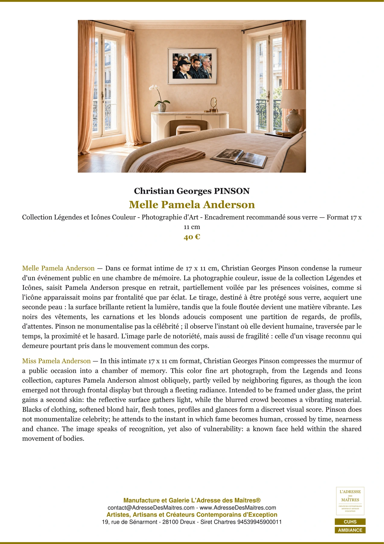 Fiche Premium Ambiance - Melle Pamela Anderson - Christian Georges PINSON - L'Adresse des Maîtres®