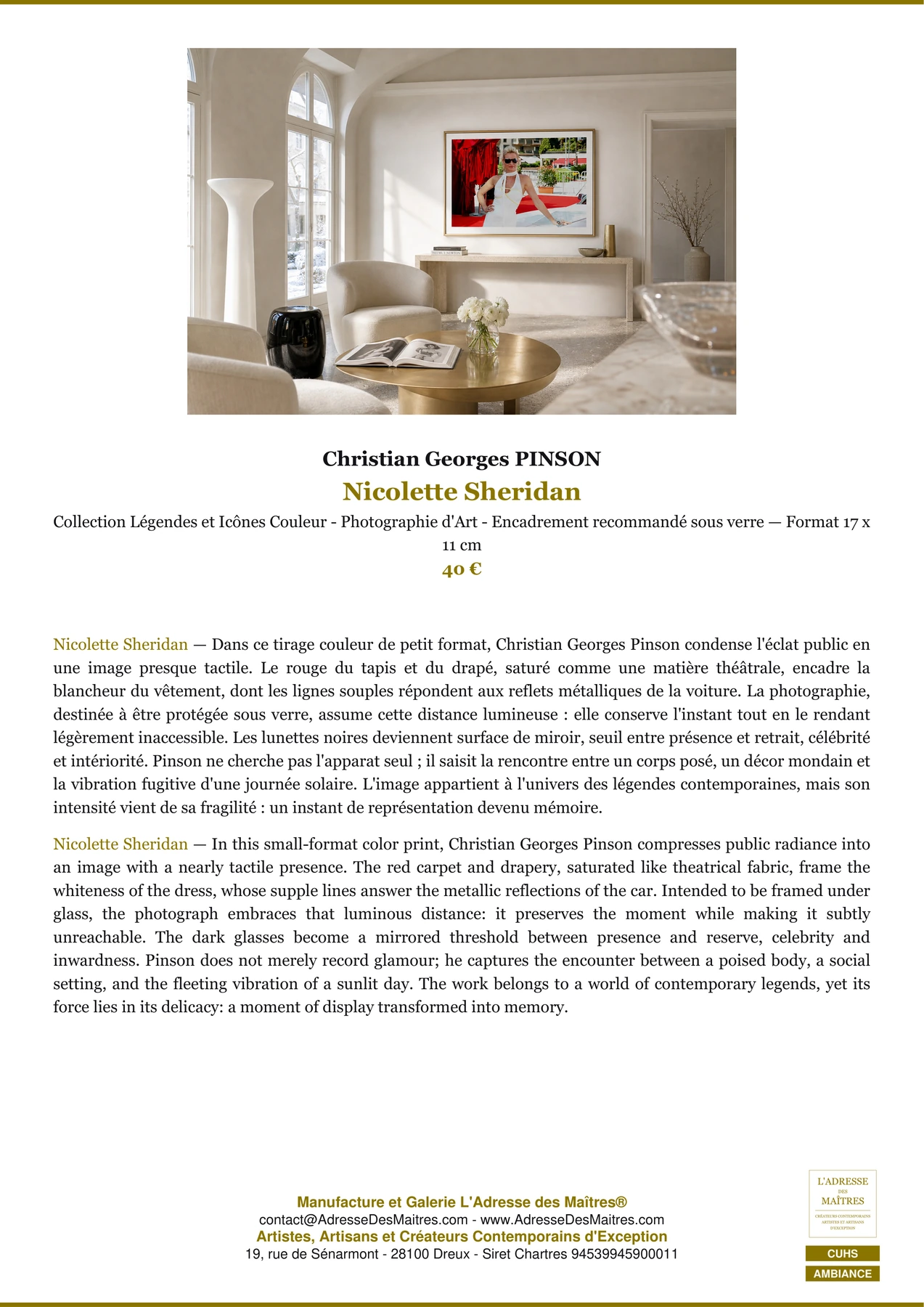 Fiche Premium Ambiance - Nicolette Sheridan - Christian Georges PINSON - L'Adresse des Maîtres®