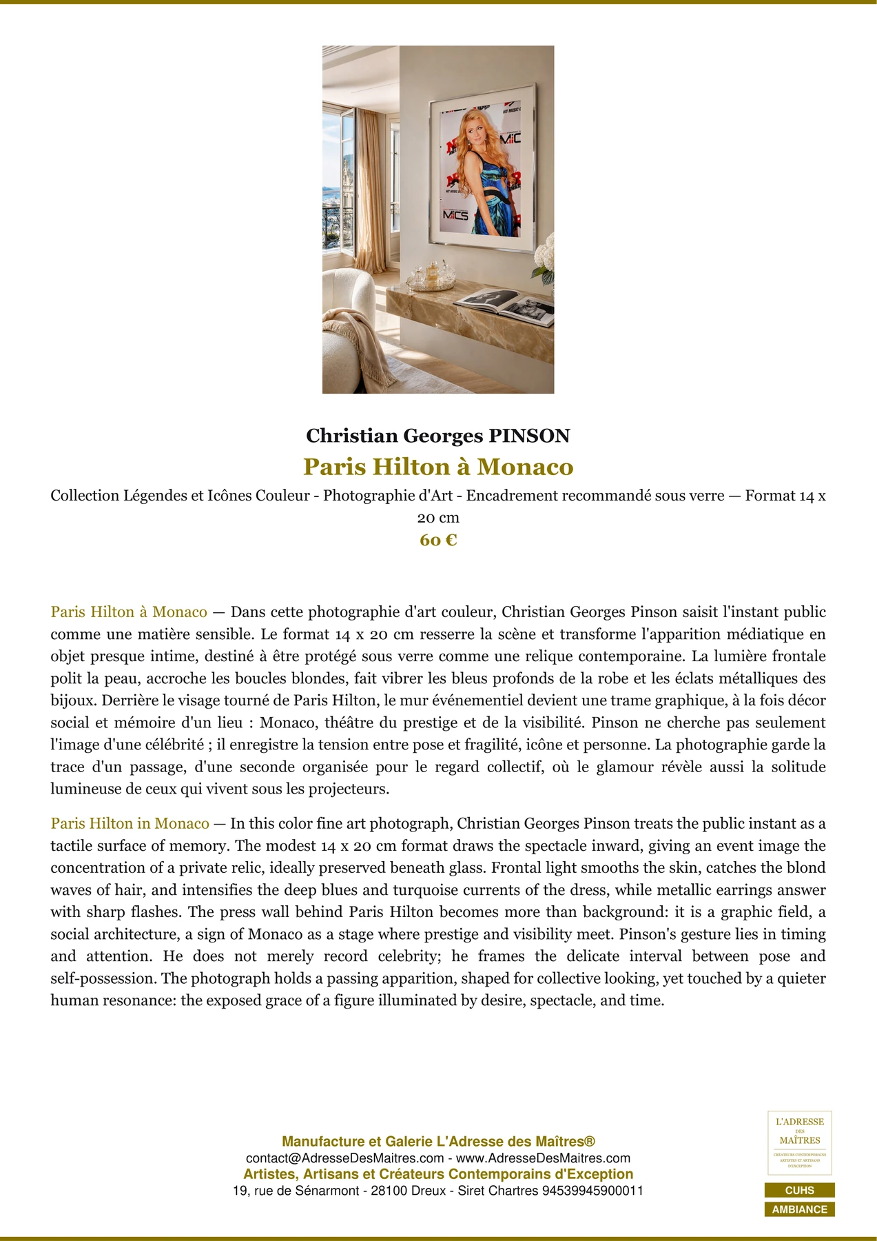 Fiche Premium Ambiance - Paris Hilton à Monaco - Christian Georges PINSON - L'Adresse des Maîtres®