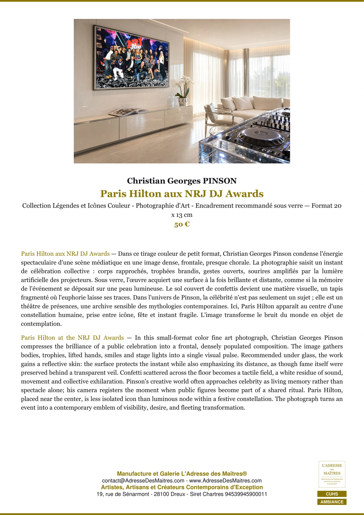 Fiche Premium Ambiance - Paris Hilton aux NRJ DJ Awards - Christian Georges PINSON - L'Adresse des Maîtres®