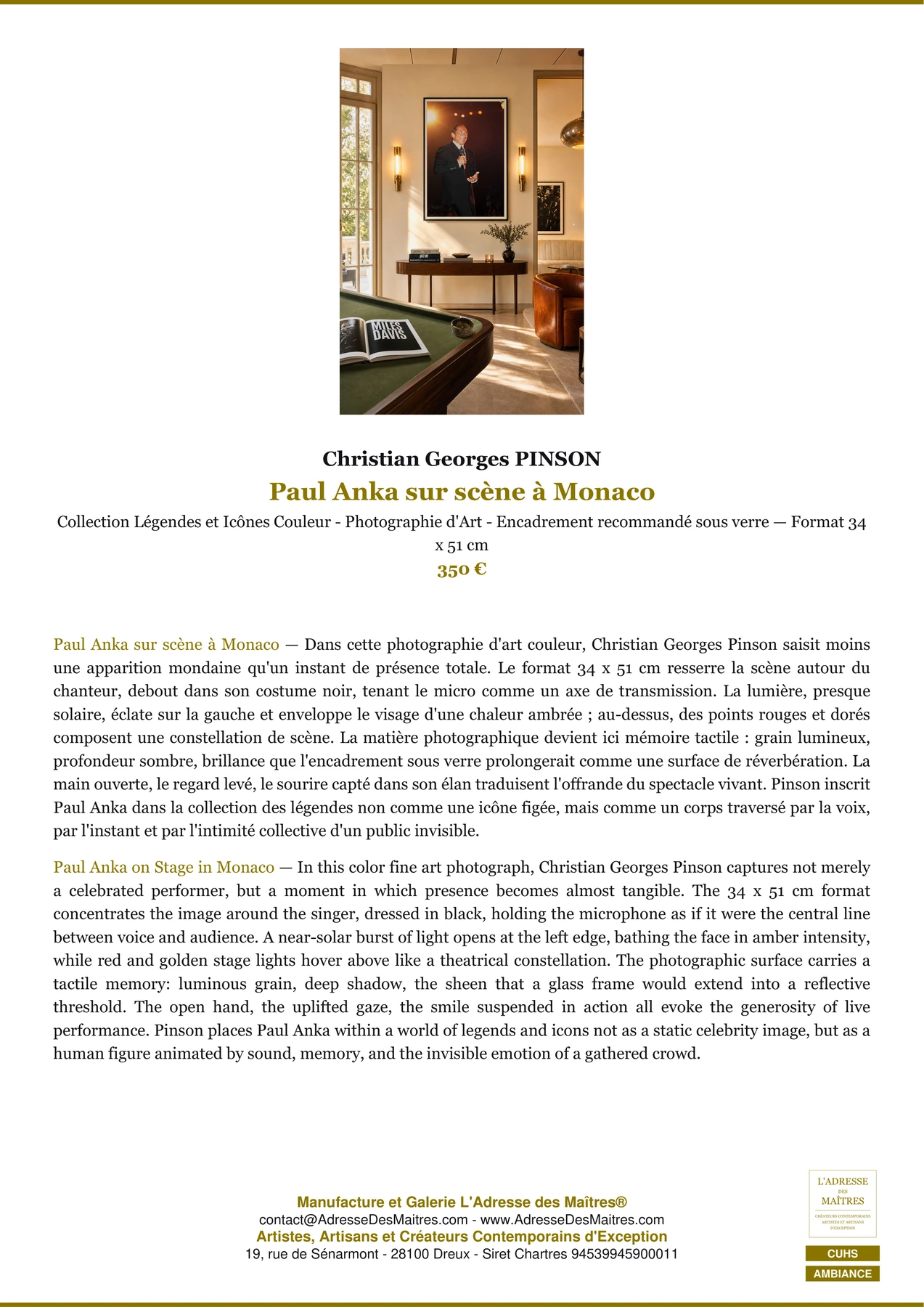 Fiche Premium Ambiance - Paul Anka sur scène à Monaco - Christian Georges PINSON - L'Adresse des Maîtres®