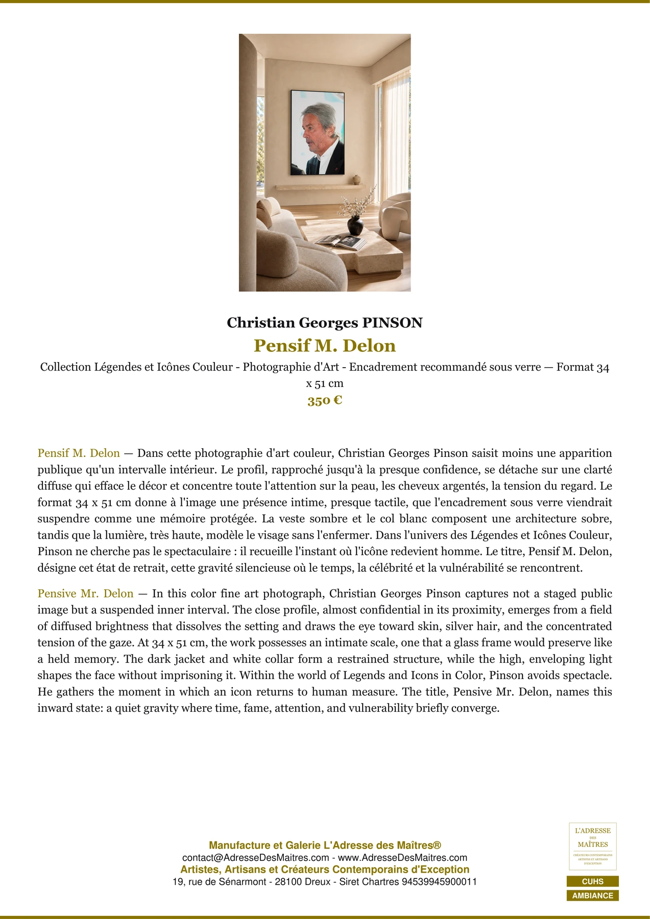 Fiche Premium Ambiance - Pensif M. Delon - Christian Georges PINSON - L'Adresse des Maîtres®