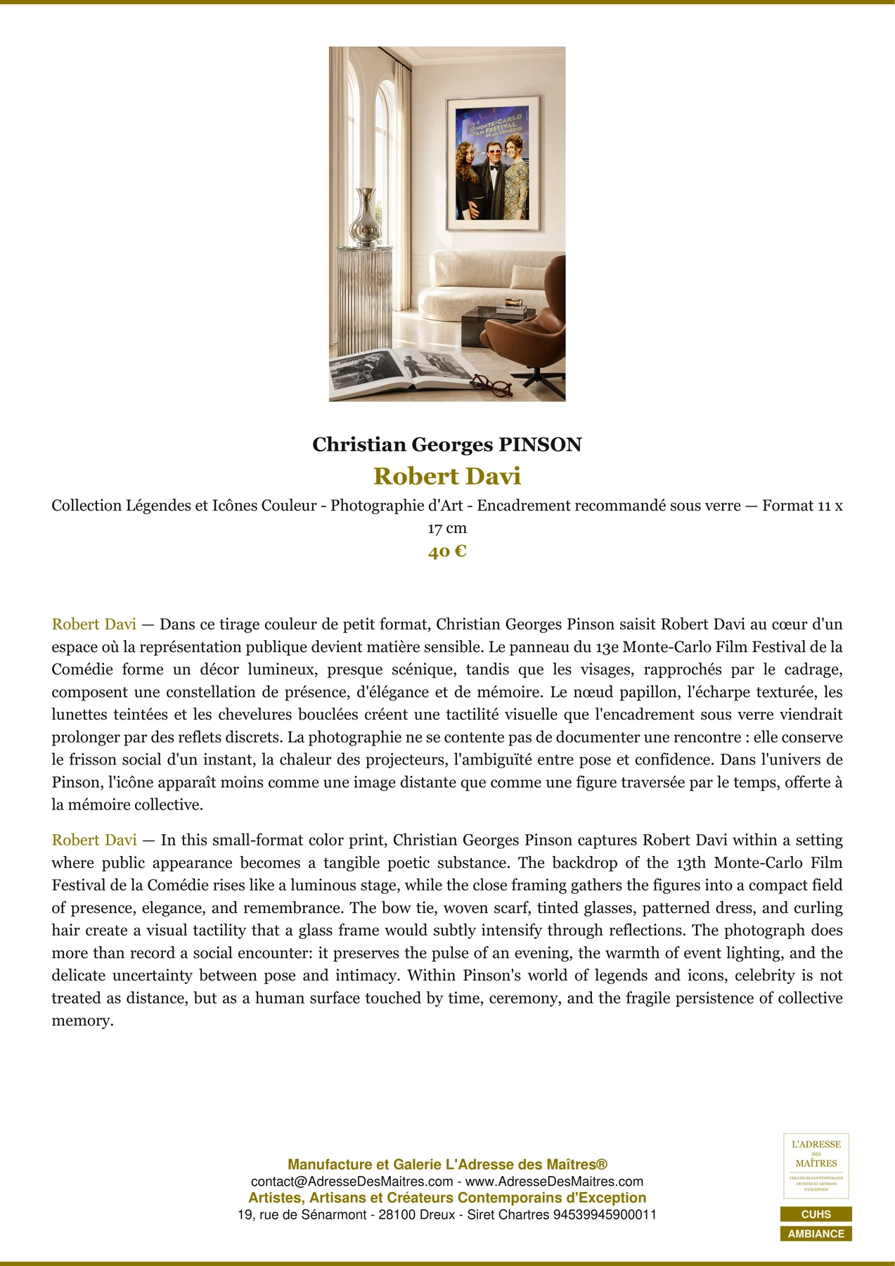 Fiche Premium Ambiance - Robert Davi - Christian Georges PINSON - L'Adresse des Maîtres®
