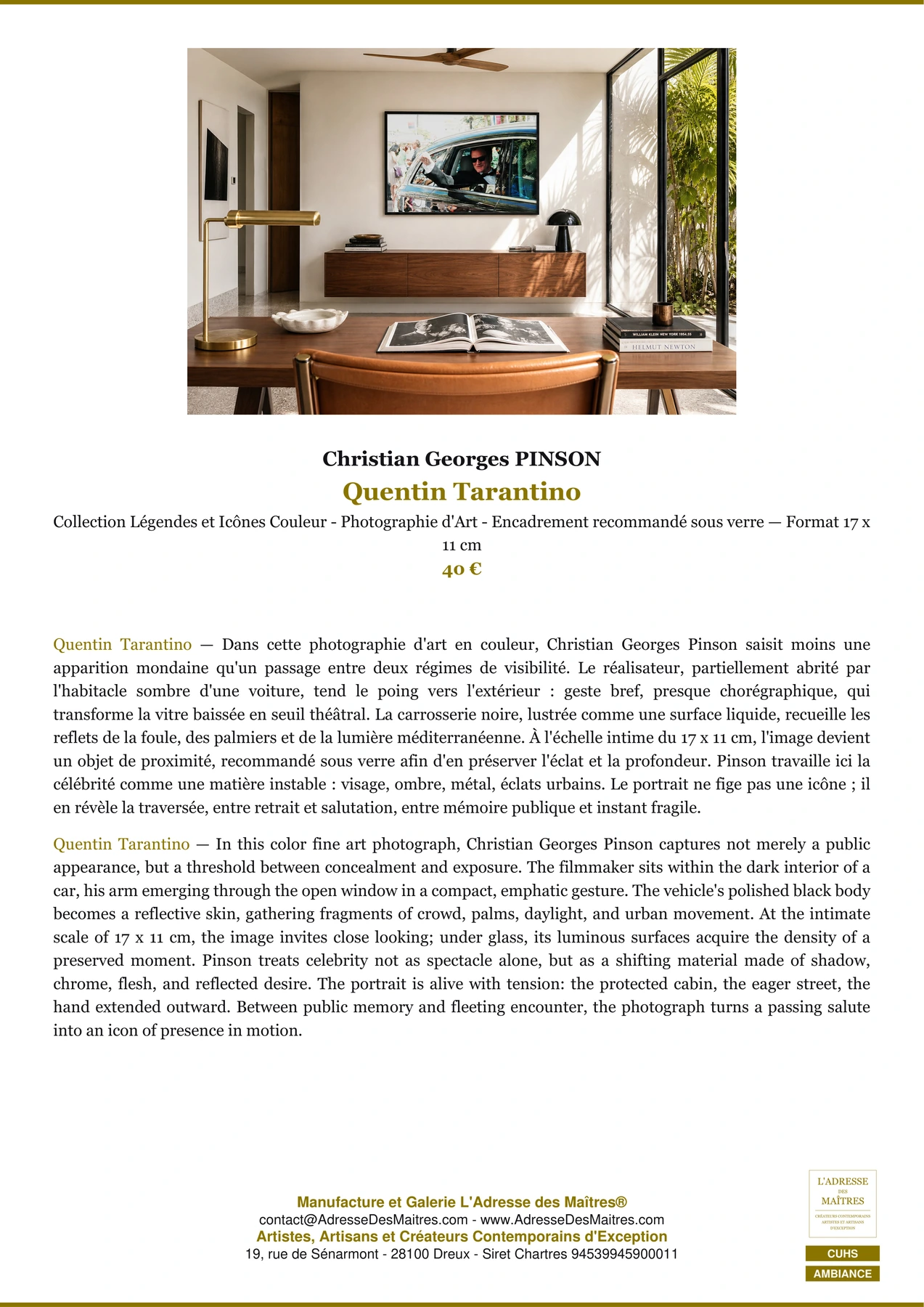 Fiche Premium Ambiance - Quentin Tarantino - Christian Georges PINSON - L'Adresse des Maîtres®