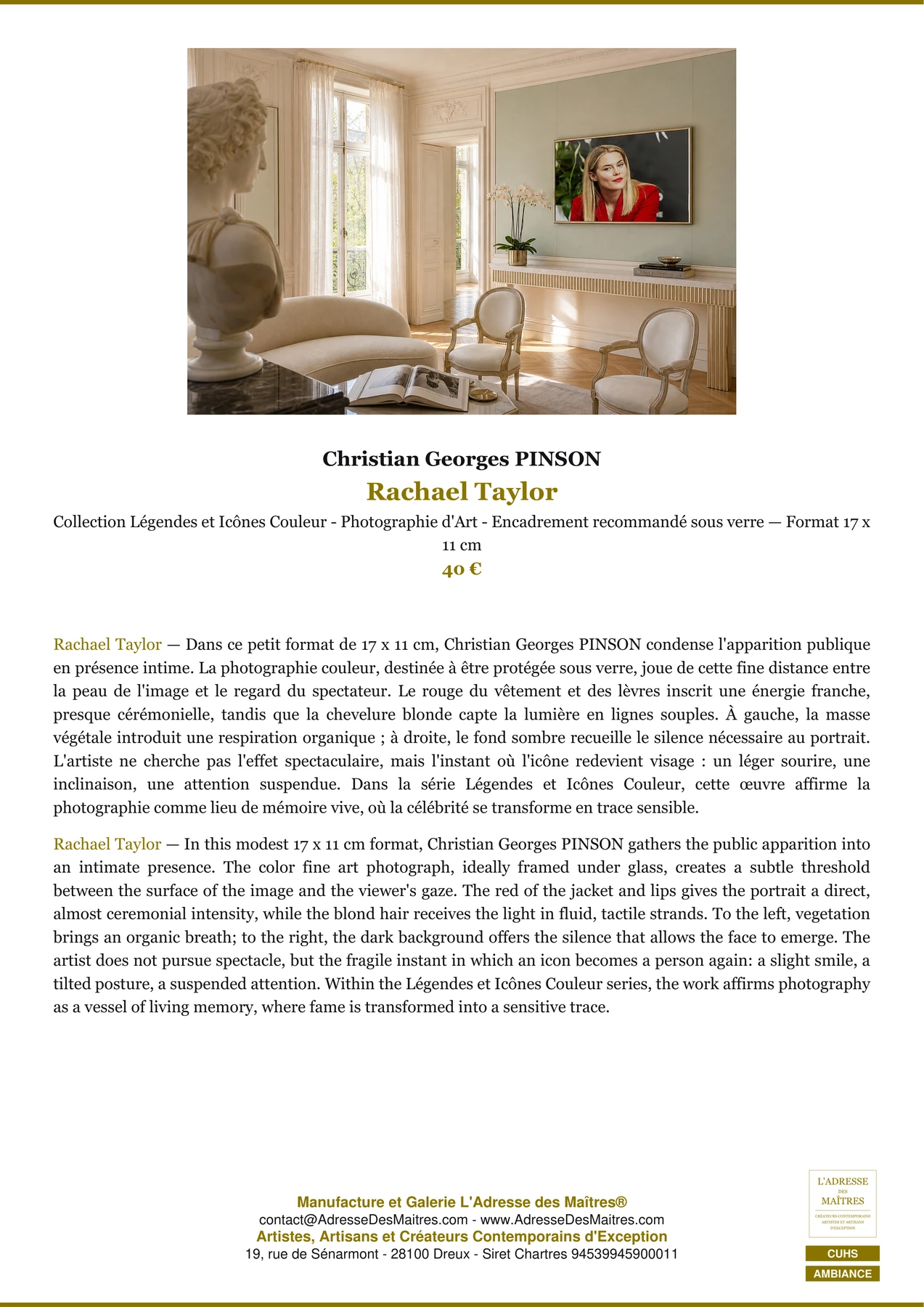 Fiche Premium Ambiance - Rachael Taylor - Christian Georges PINSON - L'Adresse des Maîtres®