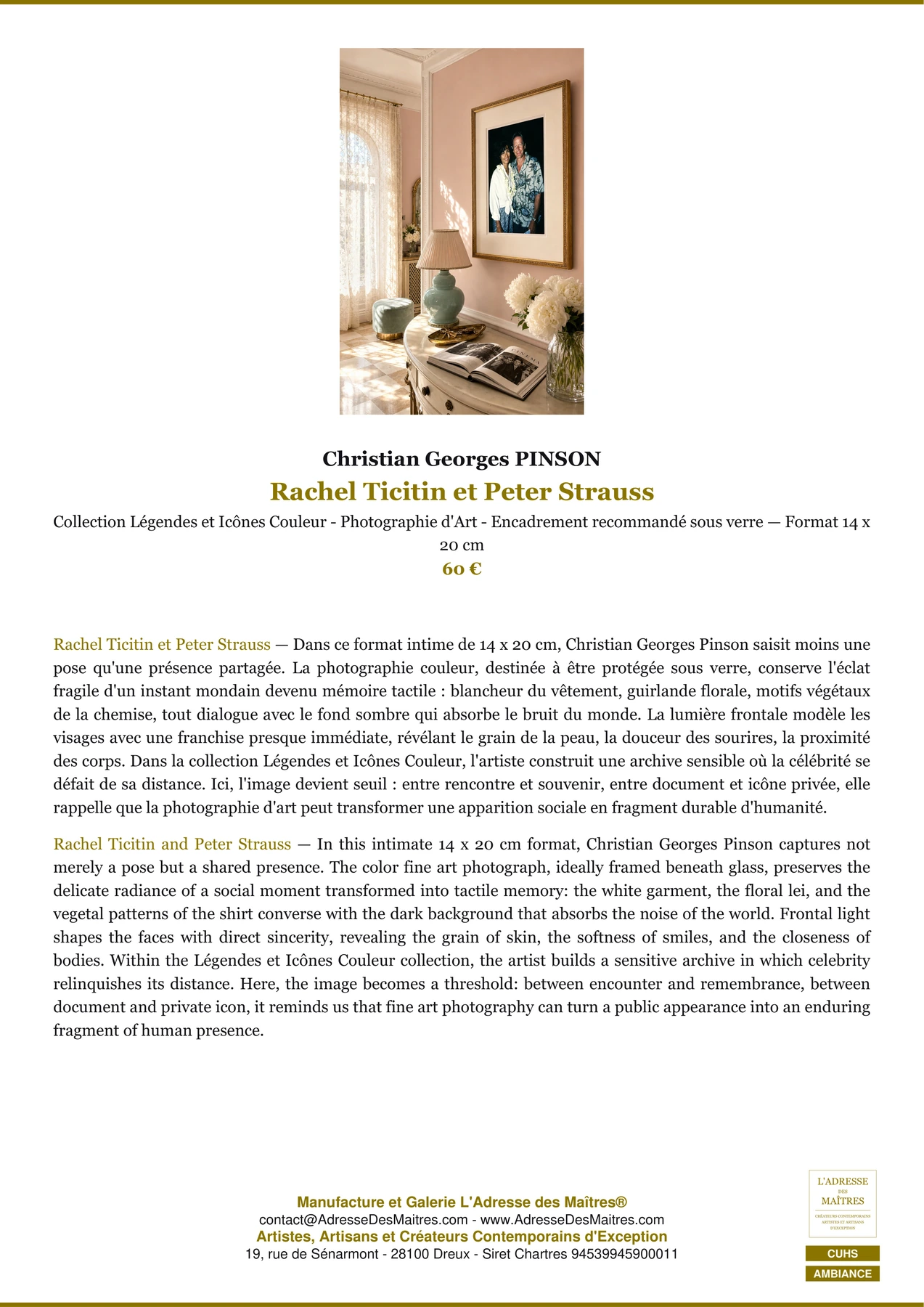 Fiche Premium Ambiance - Rachel Ticitin et Peter Strauss - Christian Georges PINSON - L'Adresse des Maîtres®