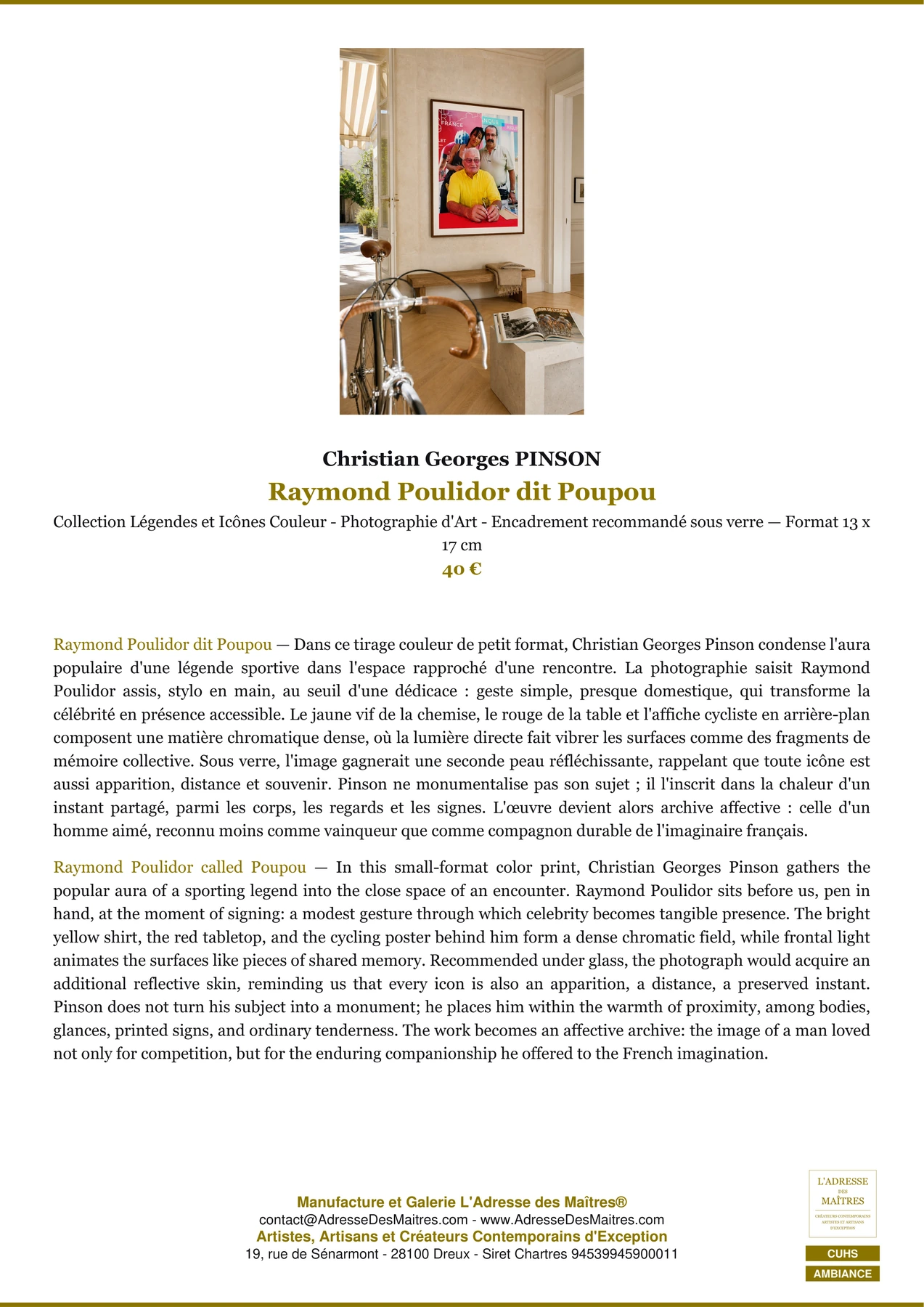 Fiche Premium Ambiance - Raymond Poulidor dit Poupou - Christian Georges PINSON - L'Adresse des Maîtres®