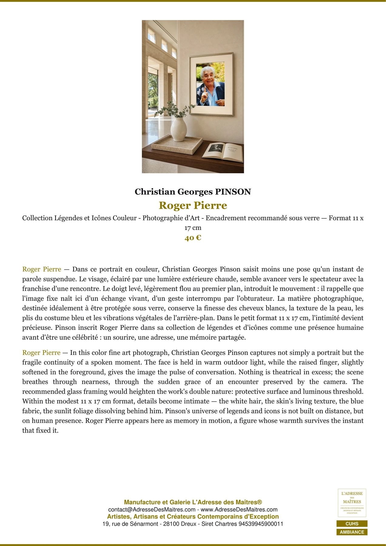 Fiche Premium Ambiance - Roger Pierre - Christian Georges PINSON - L'Adresse des Maîtres®